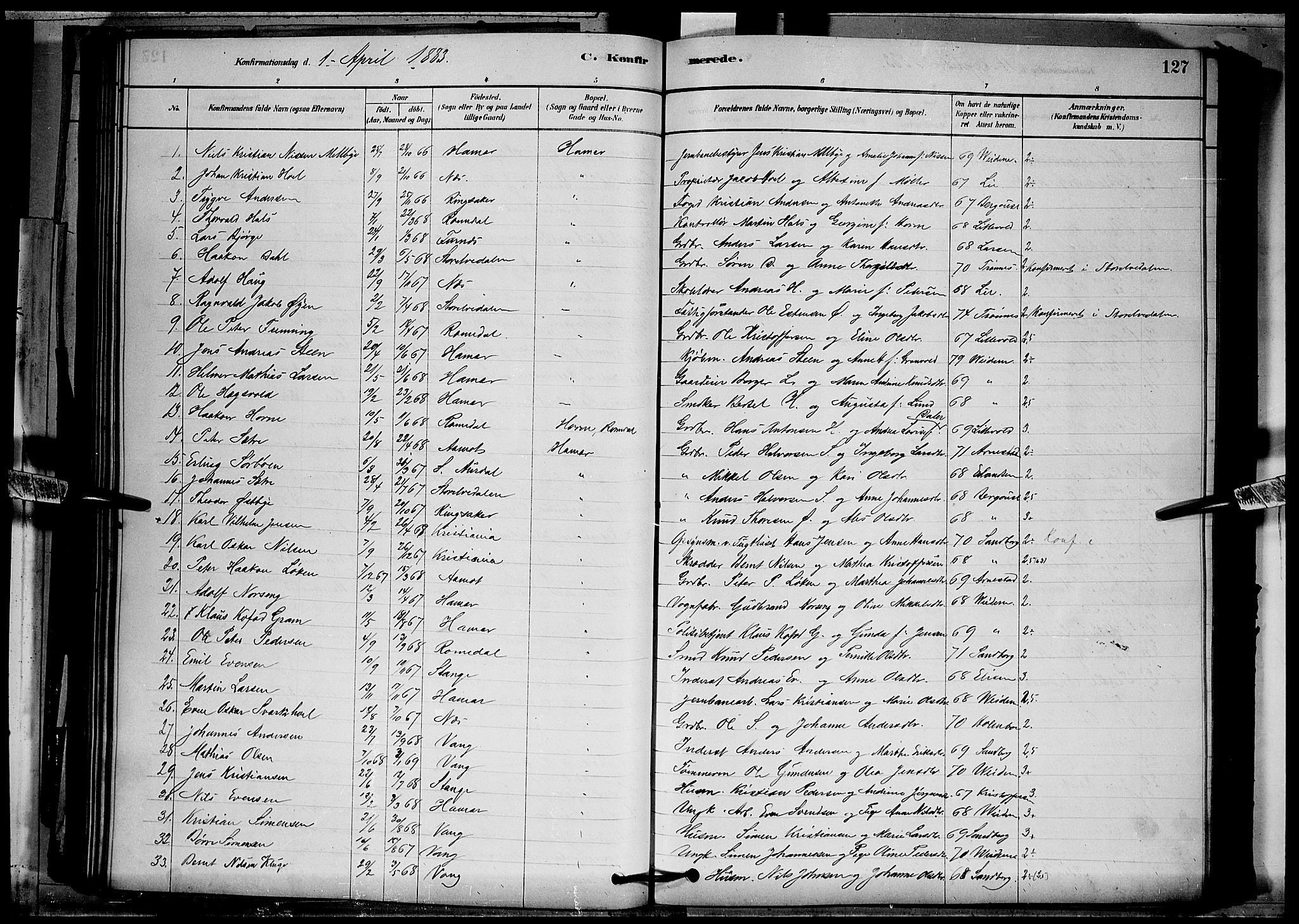 Vang prestekontor, Hedmark, SAH/PREST-008/H/Ha/Hab/L0012: Parish register (copy) no. 12, 1878-1889, p. 127