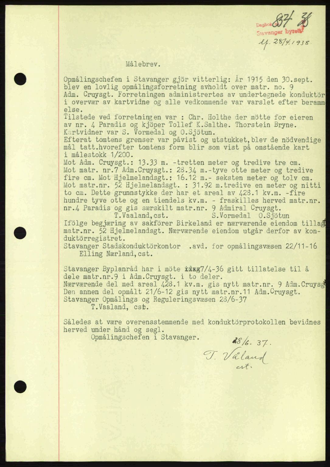 Stavanger byrett, SAST/A-100455/002/G/Gb/L0013: Mortgage book no. A3, 1937-1938, Diary no: : 854/1938