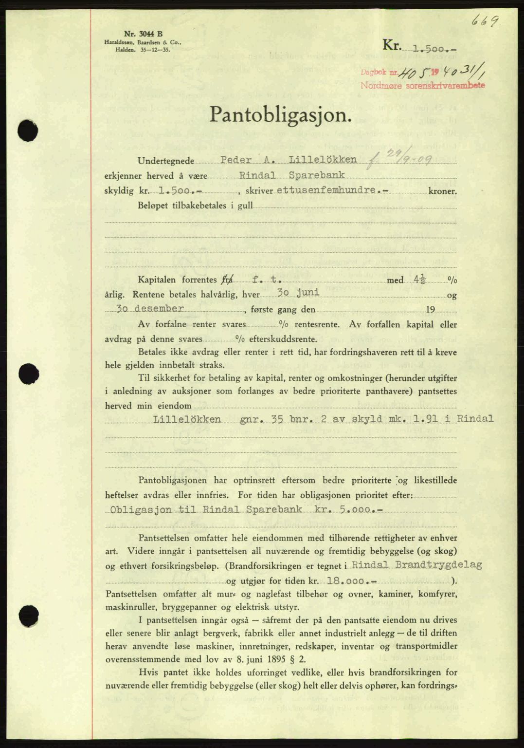 Nordmøre sorenskriveri, AV/SAT-A-4132/1/2/2Ca: Mortgage book no. B86, 1939-1940, Diary no: : 405/1940