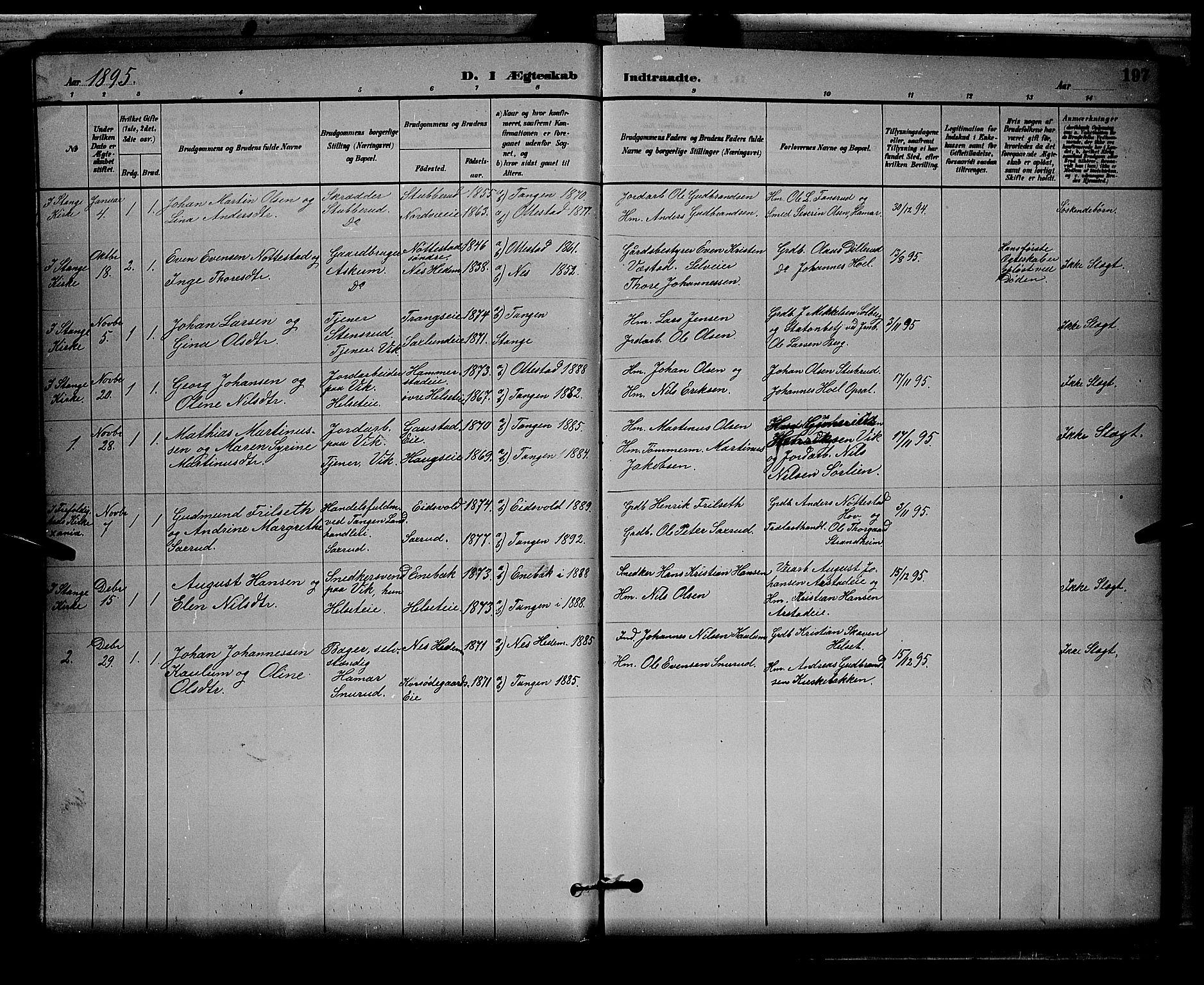 Stange prestekontor, SAH/PREST-002/L/L0008: Parish register (copy) no. 8, 1882-1895, p. 197