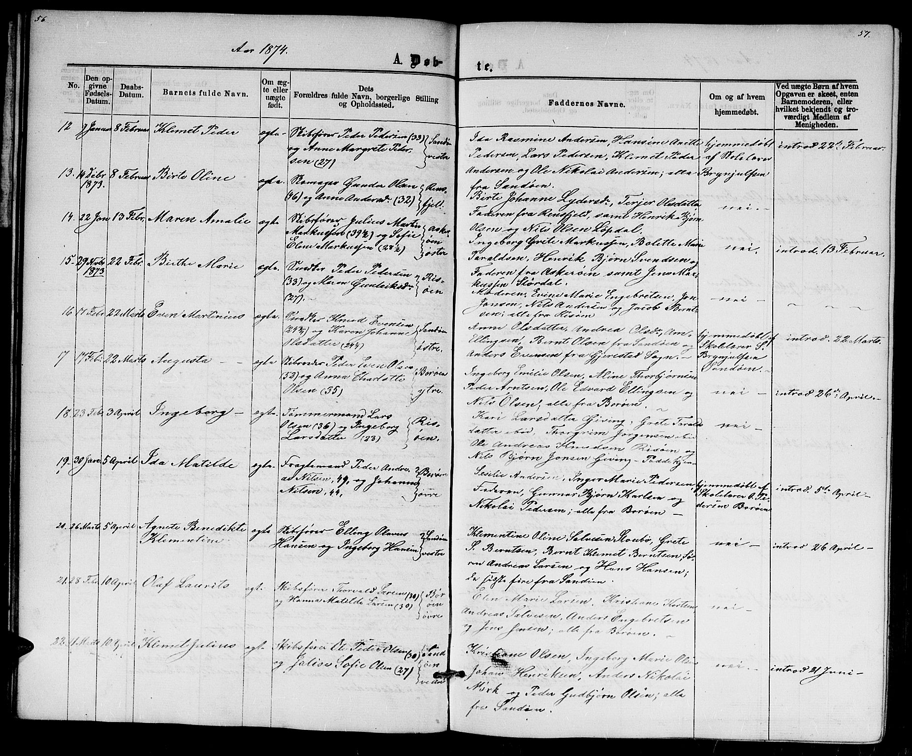 Dypvåg sokneprestkontor, AV/SAK-1111-0007/F/Fb/Fba/L0012: Parish register (copy) no. B 12, 1872-1886, p. 56-57