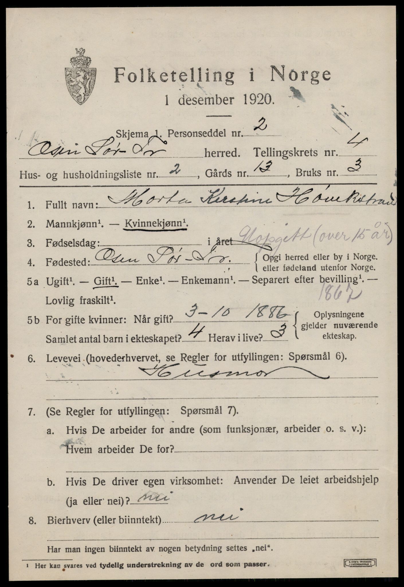 SAT, 1920 census for Osen, 1920, p. 1581