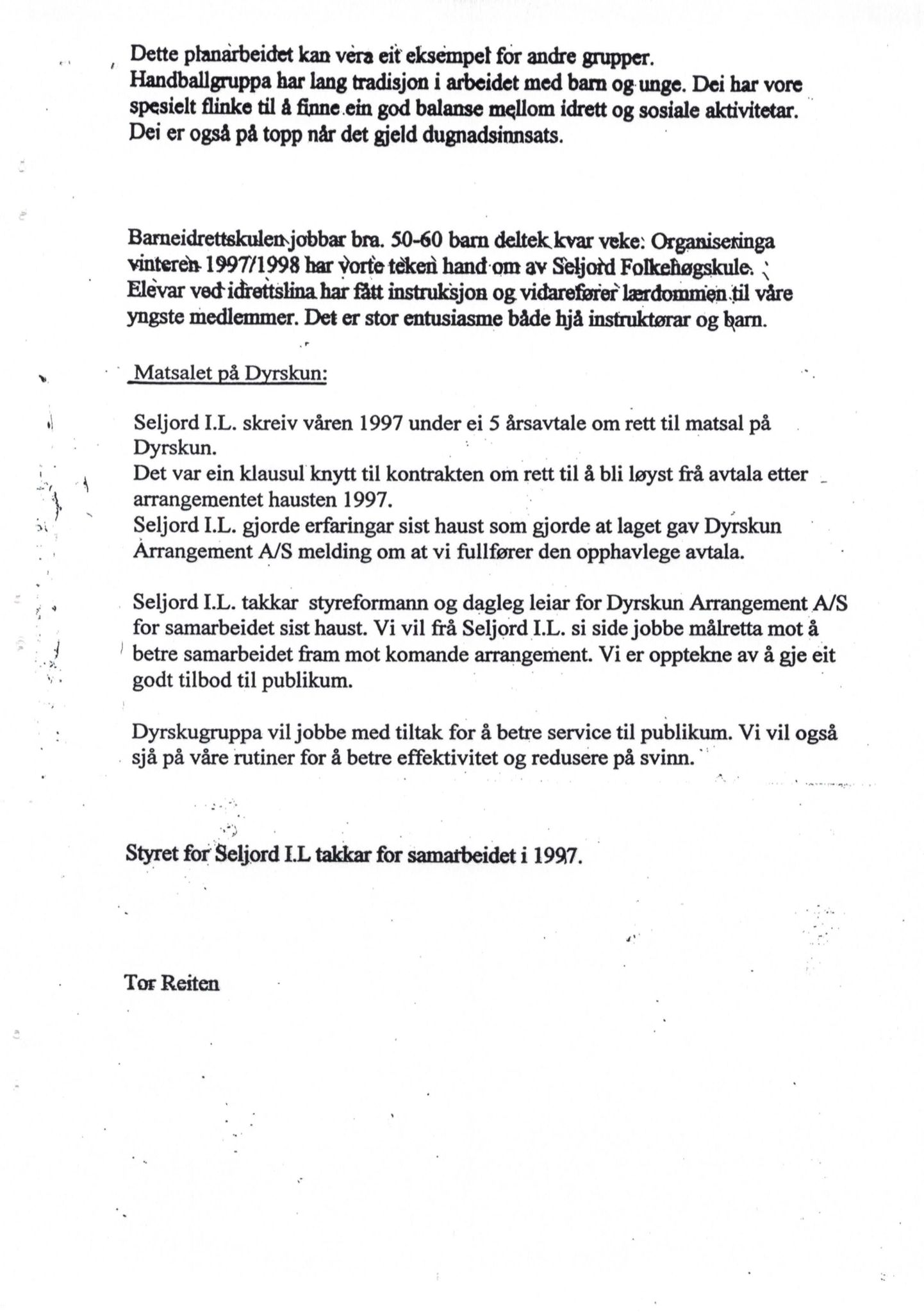 Seljord Idrettslag, VTM/A-1034/A/Ab/L0002: Årsmeldingar, 1997