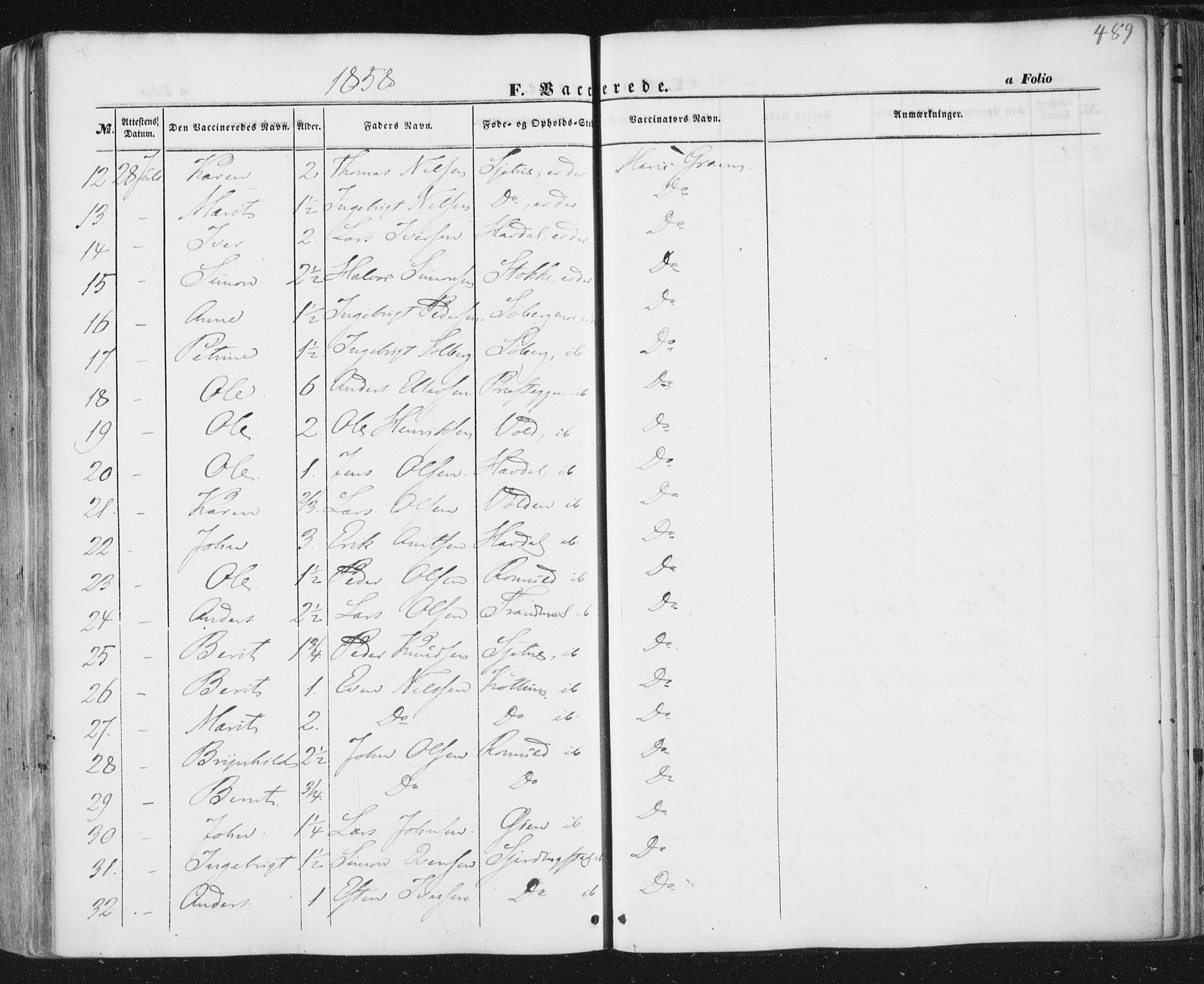 Ministerialprotokoller, klokkerbøker og fødselsregistre - Sør-Trøndelag, AV/SAT-A-1456/691/L1076: Parish register (official) no. 691A08, 1852-1861, p. 489