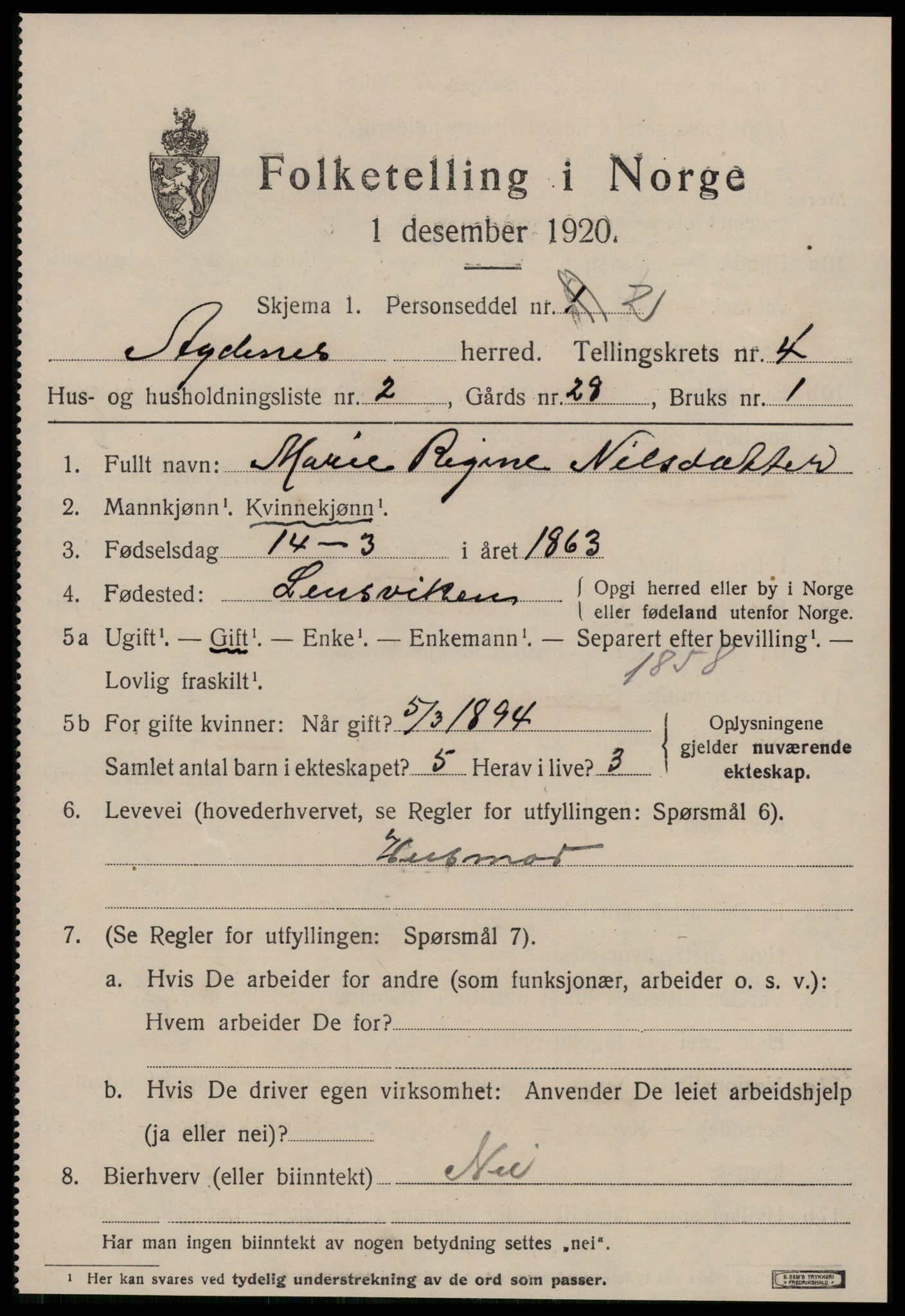 SAT, 1920 census for Agdenes, 1920, p. 2039