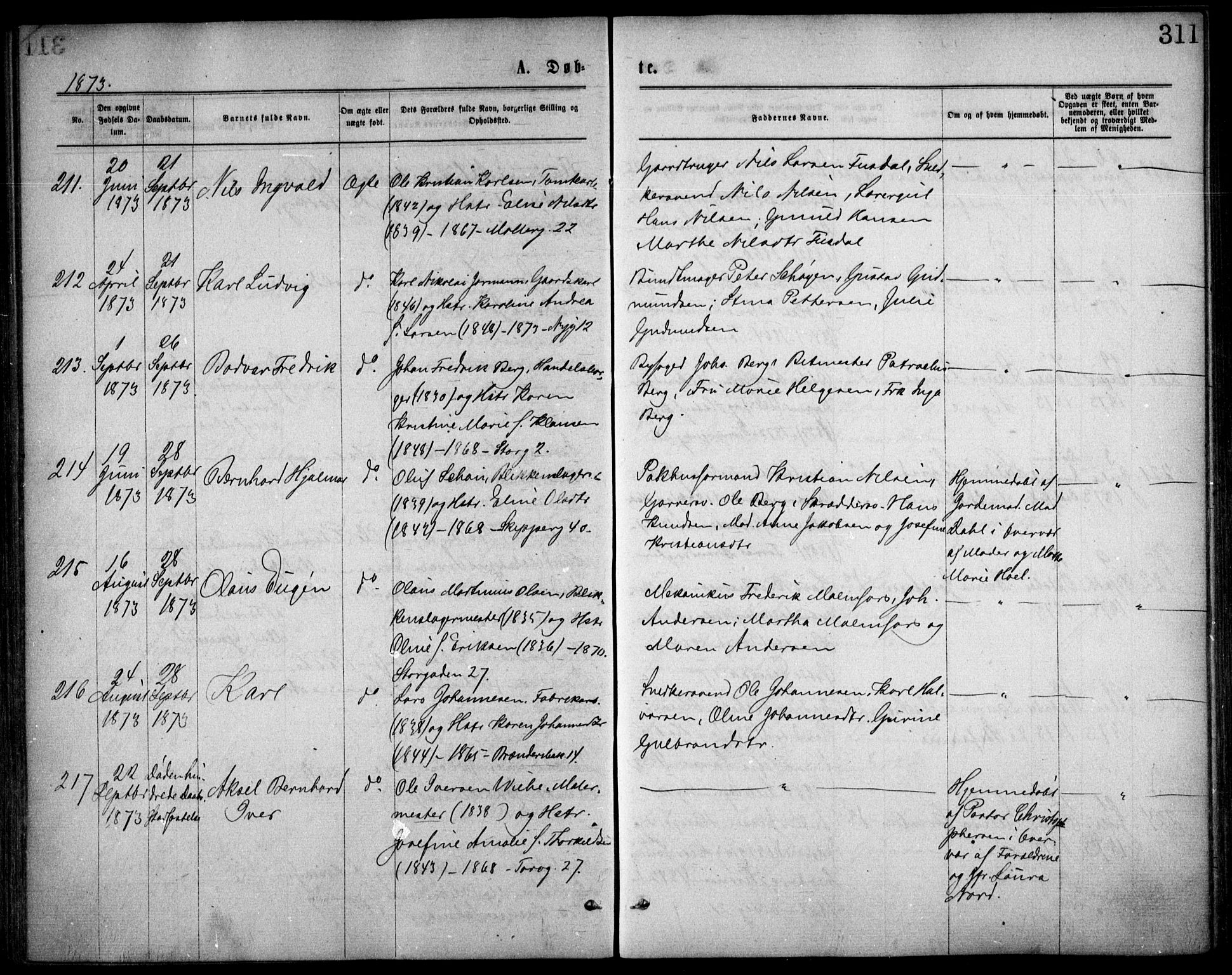 Oslo domkirke Kirkebøker, SAO/A-10752/F/Fa/L0017: Parish register (official) no. 17, 1869-1878, p. 311