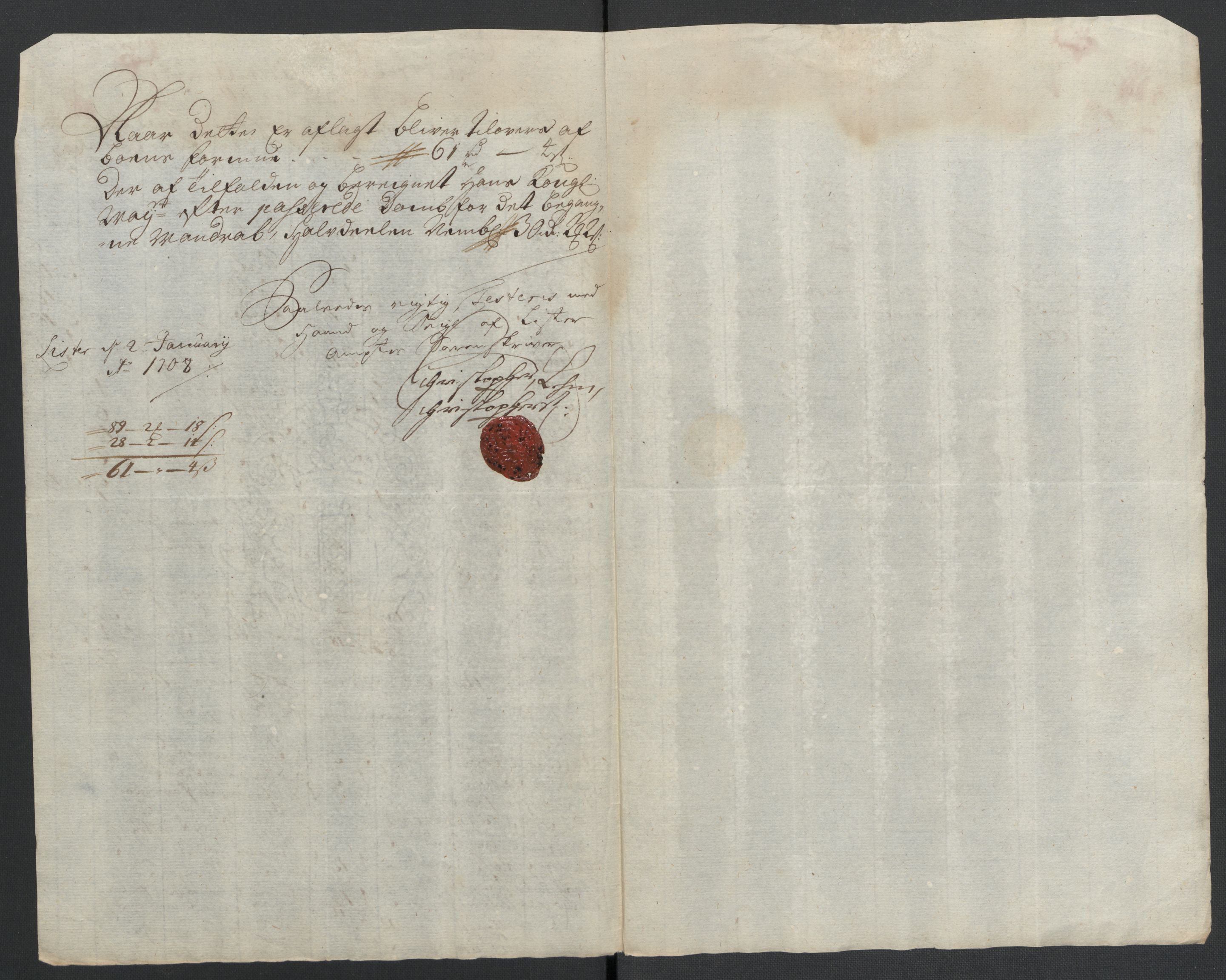 Rentekammeret inntil 1814, Reviderte regnskaper, Fogderegnskap, RA/EA-4092/R43/L2551: Fogderegnskap Lista og Mandal, 1705-1709, p. 430