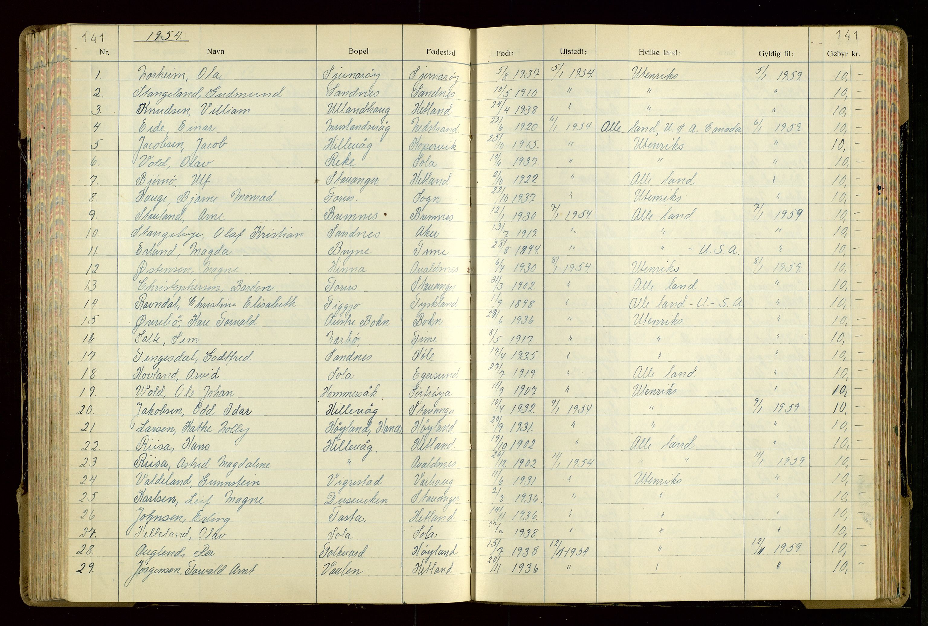 Rogaland politikammer, AV/SAST-A-101403/K/Ka/L0004: Passprotokoll, 1950-1955, p. 141