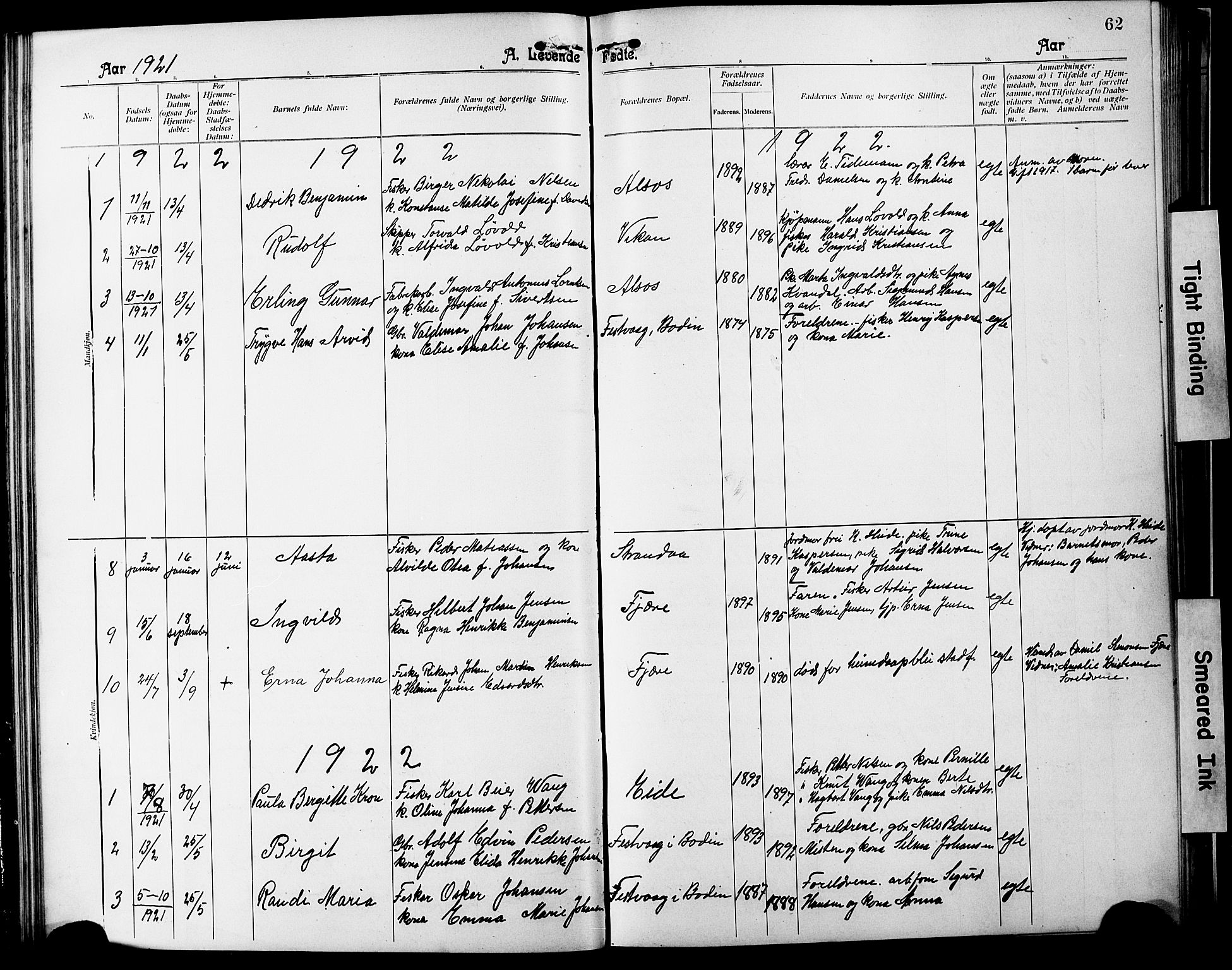 Ministerialprotokoller, klokkerbøker og fødselsregistre - Nordland, SAT/A-1459/803/L0077: Parish register (copy) no. 803C04, 1897-1930, p. 62