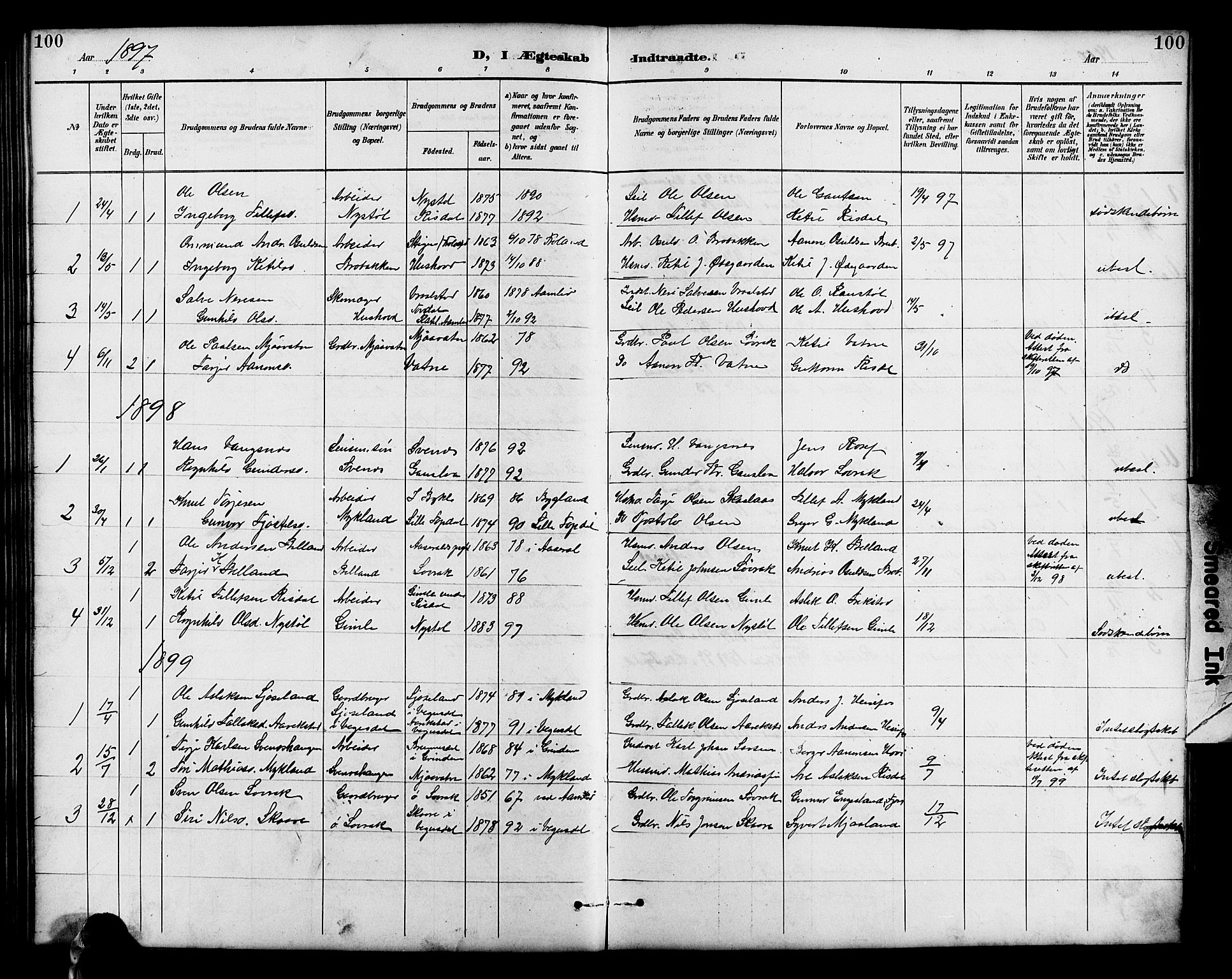 Herefoss sokneprestkontor, AV/SAK-1111-0019/F/Fb/Fbc/L0003: Parish register (copy) no. B 3, 1887-1915, p. 100