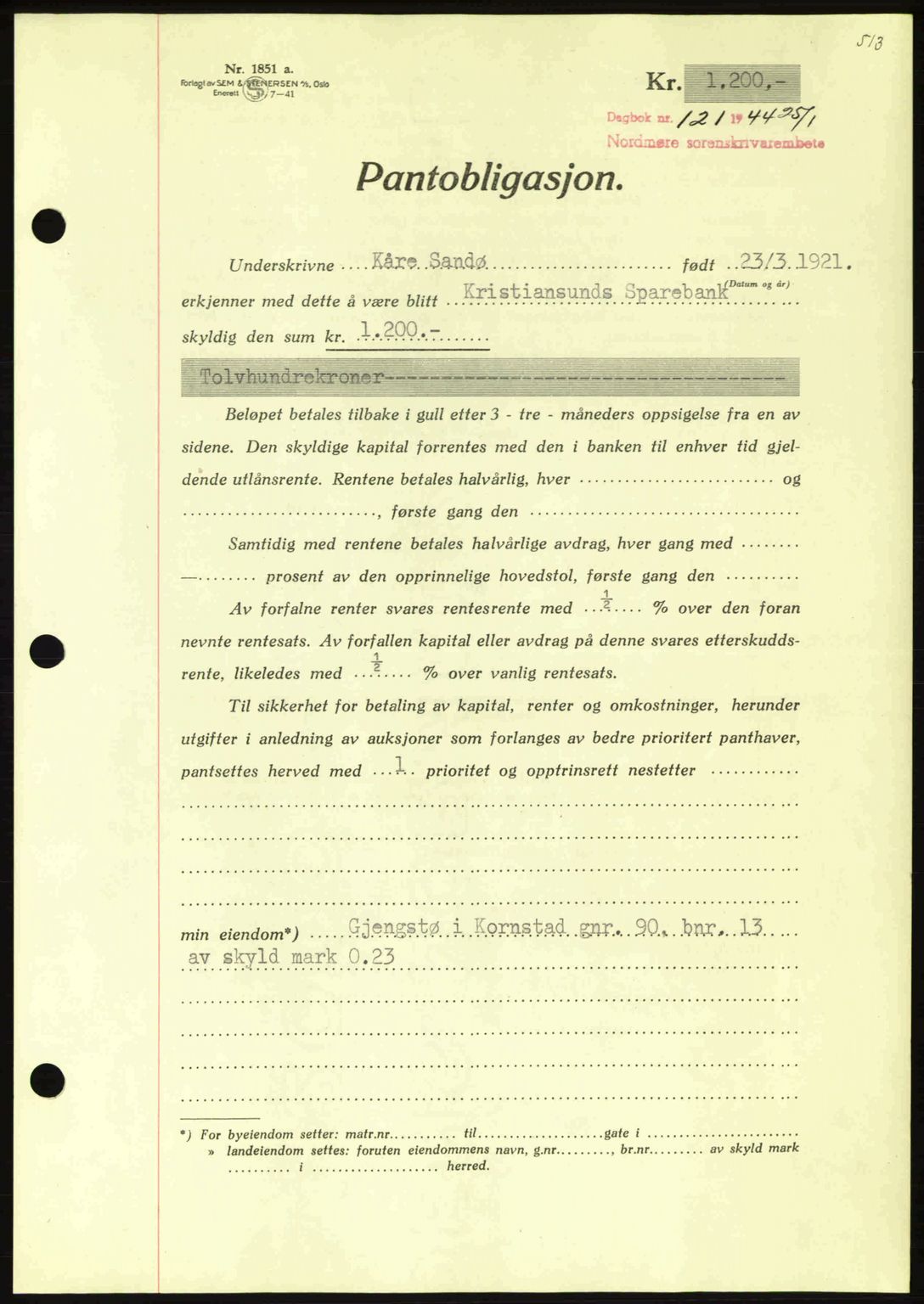 Nordmøre sorenskriveri, AV/SAT-A-4132/1/2/2Ca: Mortgage book no. B91, 1943-1944, Diary no: : 121/1944