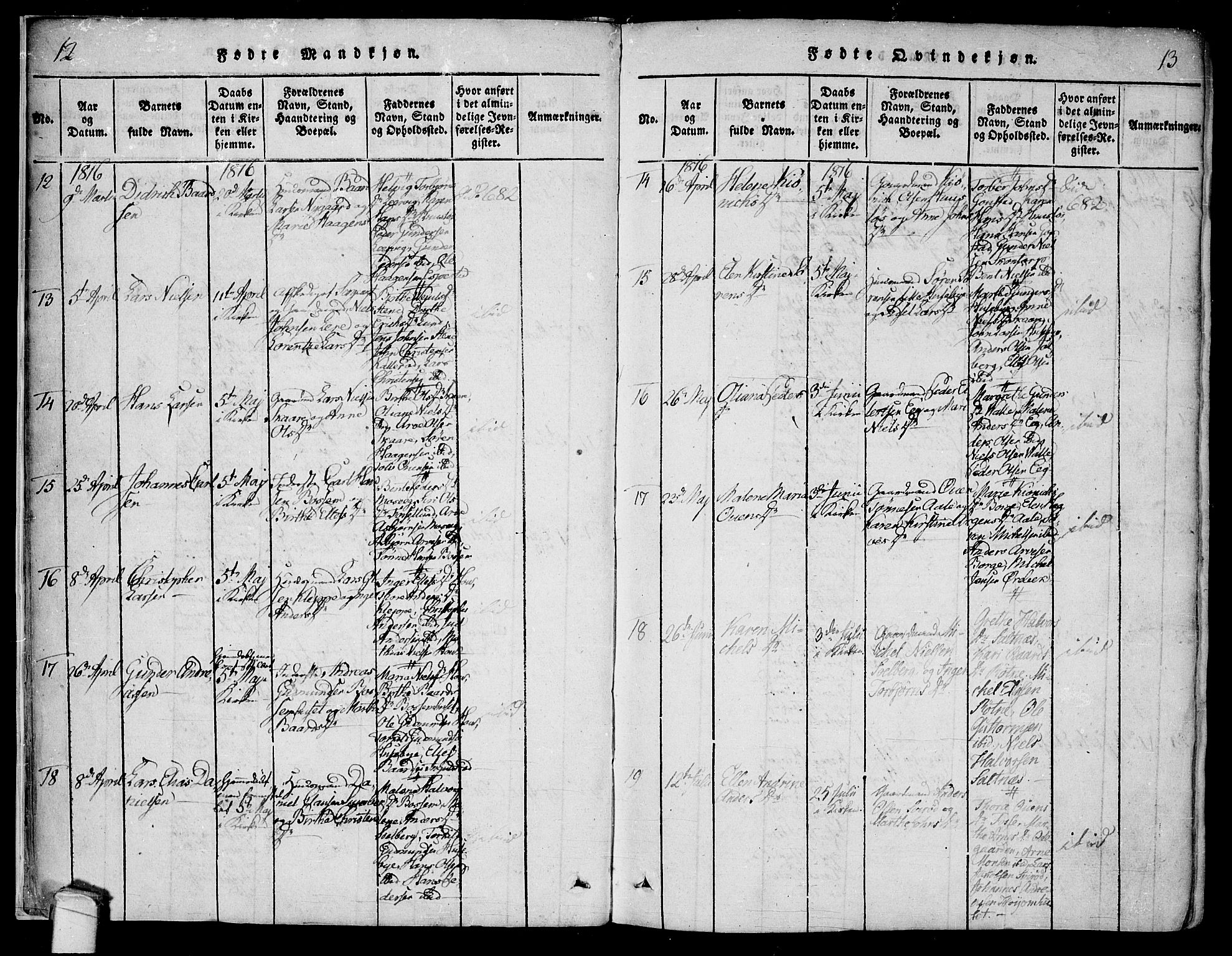 Onsøy prestekontor Kirkebøker, SAO/A-10914/F/Fa/L0002: Parish register (official) no. I 2, 1814-1840, p. 12-13