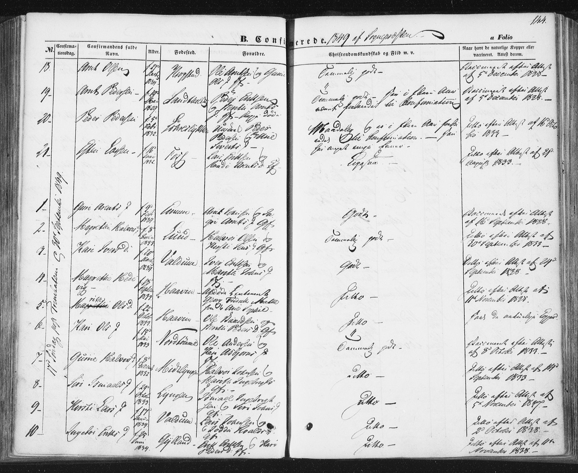Ministerialprotokoller, klokkerbøker og fødselsregistre - Sør-Trøndelag, SAT/A-1456/692/L1103: Parish register (official) no. 692A03, 1849-1870, p. 144