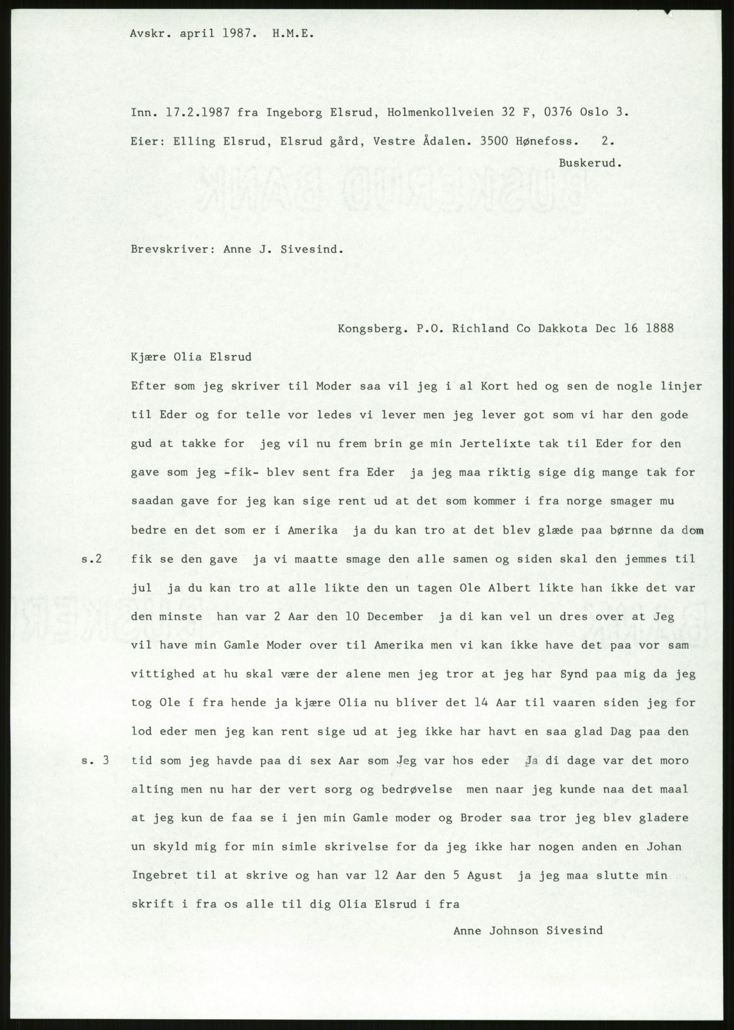 Samlinger til kildeutgivelse, Amerikabrevene, AV/RA-EA-4057/F/L0018: Innlån fra Buskerud: Elsrud, 1838-1914, p. 1137