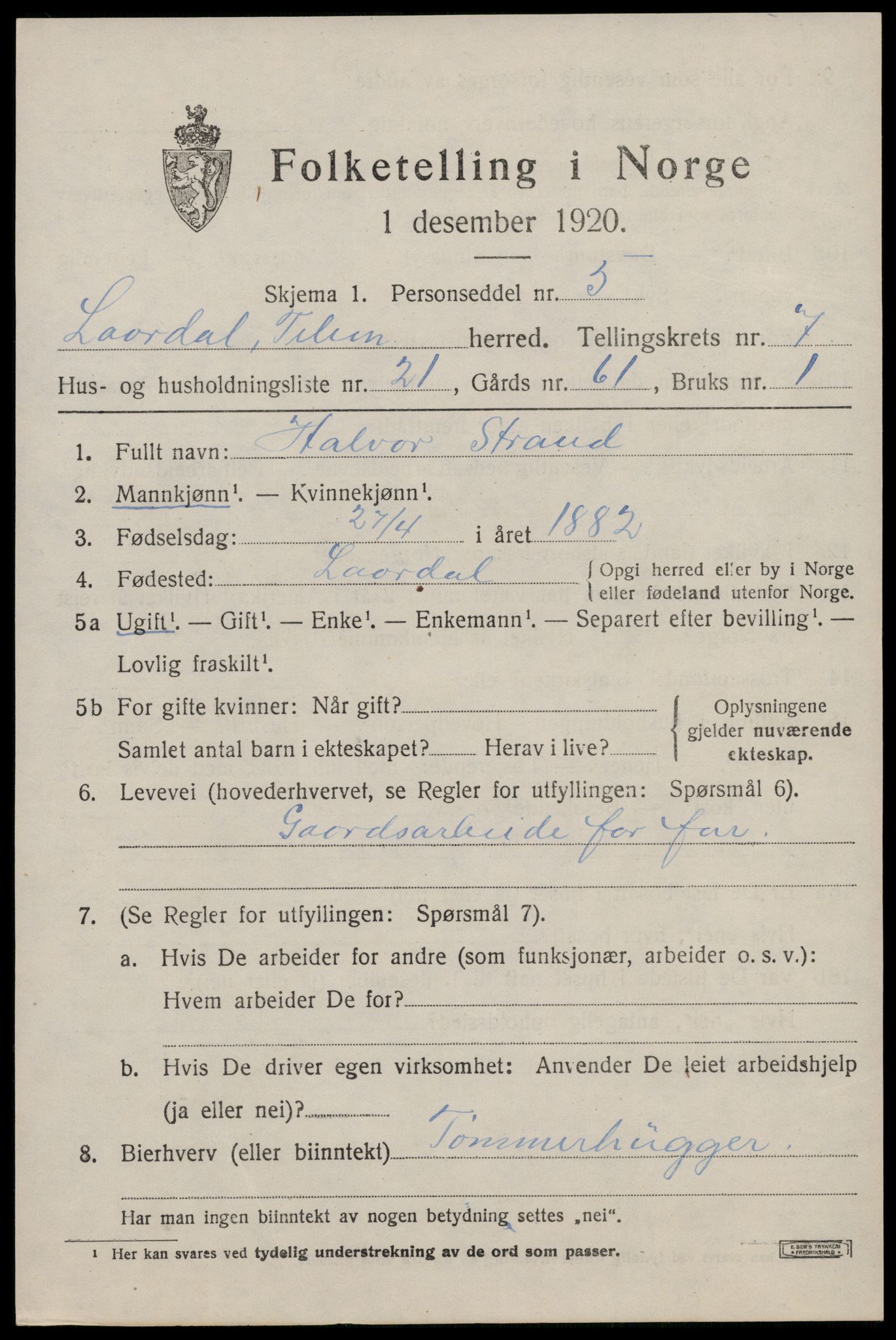 SAKO, 1920 census for Lårdal, 1920, p. 2899