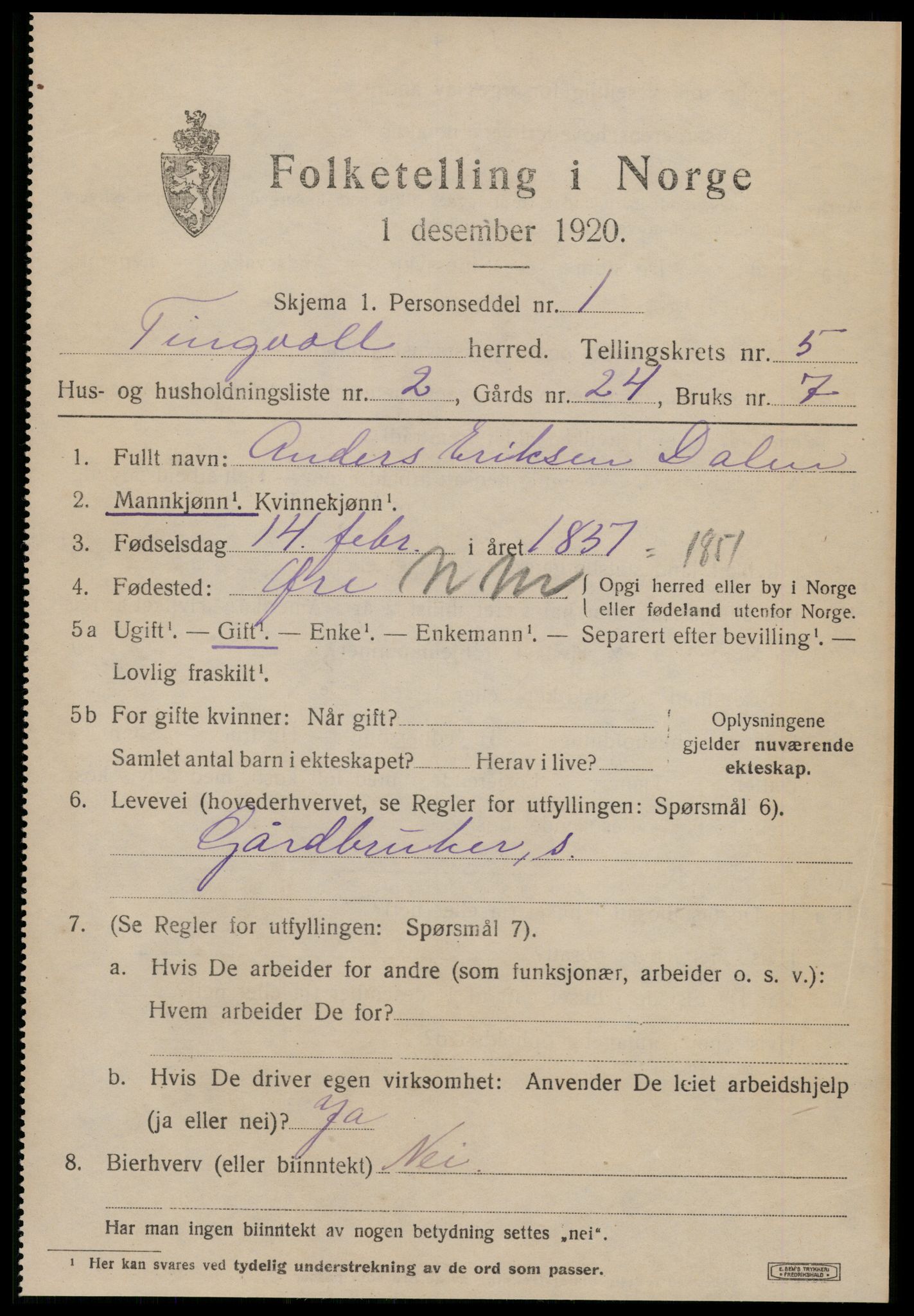 SAT, 1920 census for Tingvoll, 1920, p. 2222