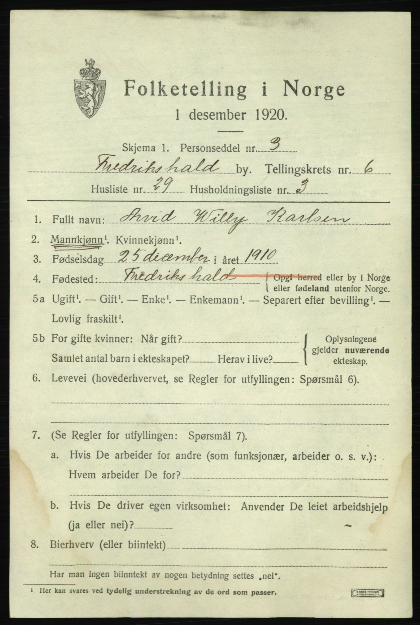 SAO, 1920 census for Fredrikshald, 1920, p. 13780