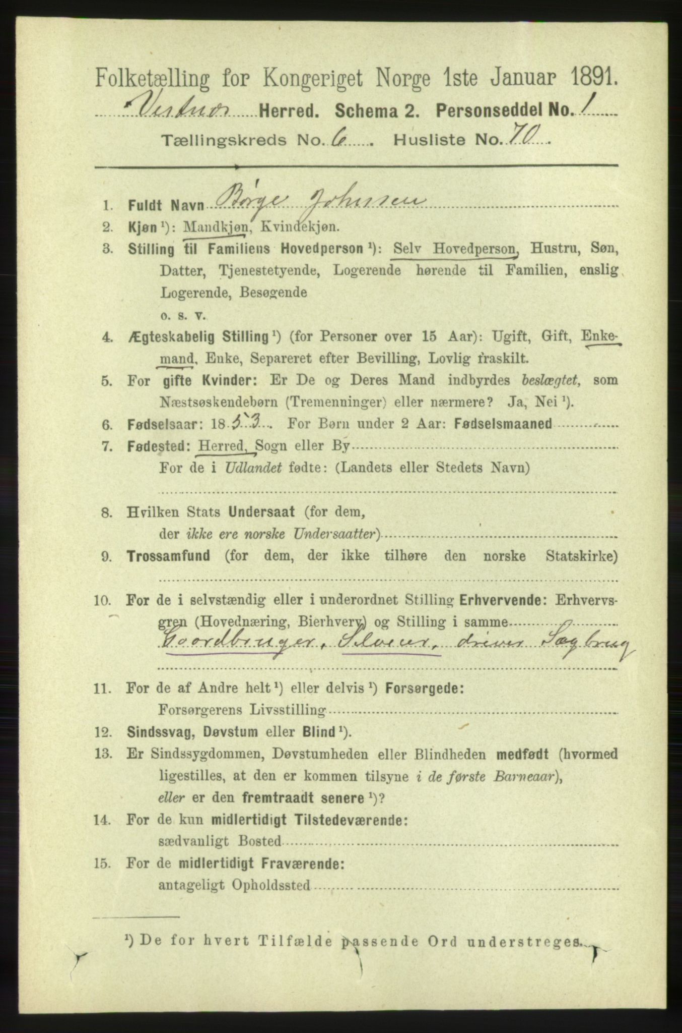 RA, 1891 census for 1535 Vestnes, 1891, p. 2608