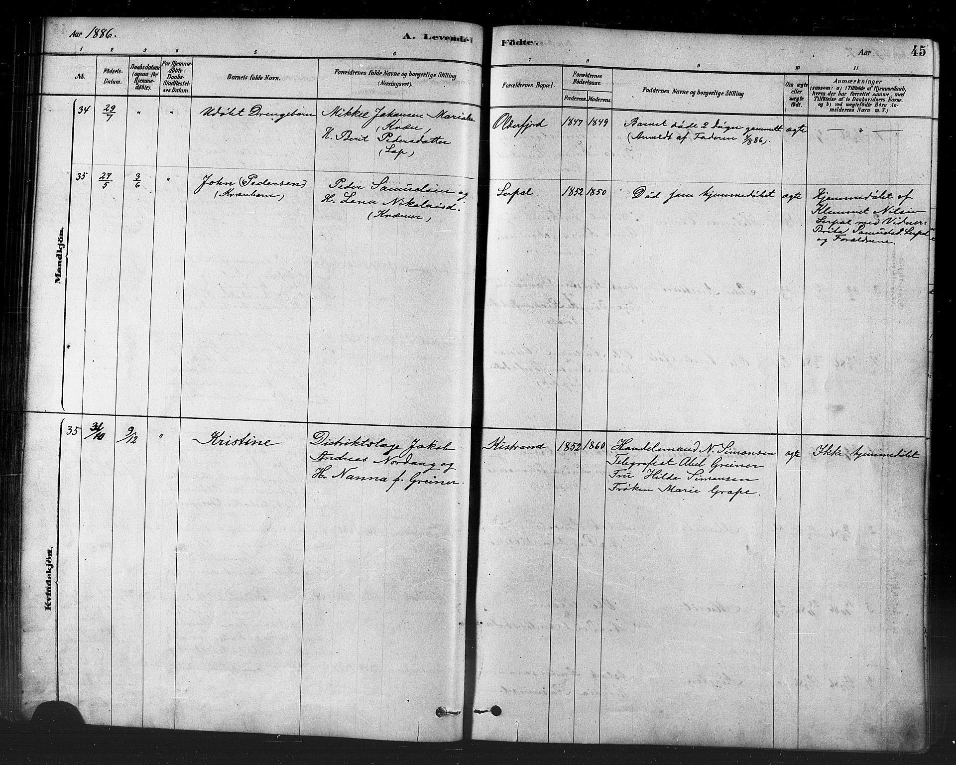Kistrand/Porsanger sokneprestembete, SATØ/S-1351/H/Ha/L0007.kirke: Parish register (official) no. 7, 1881-1889, p. 45