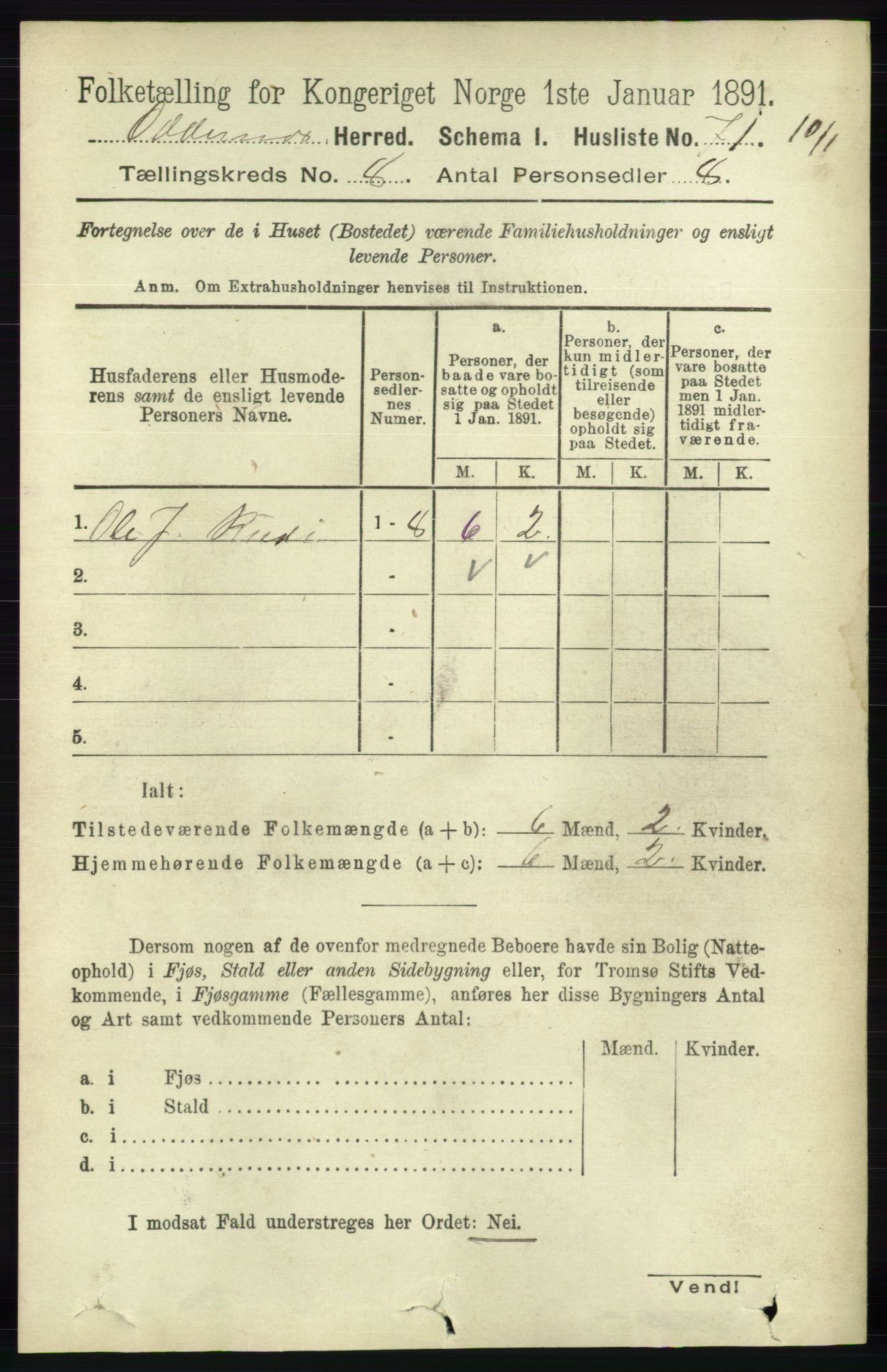 RA, 1891 census for 1012 Oddernes, 1891, p. 2703