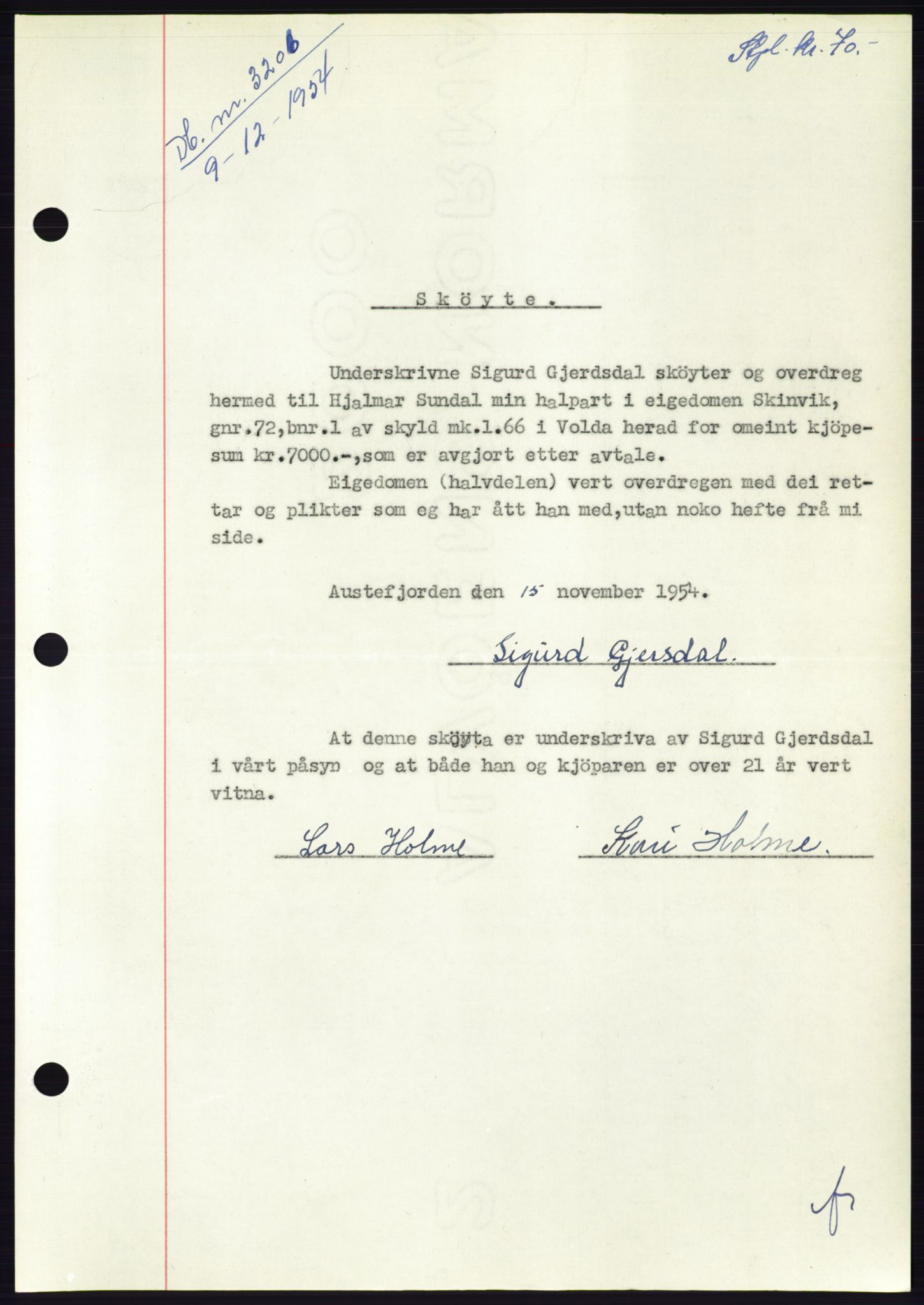 Søre Sunnmøre sorenskriveri, AV/SAT-A-4122/1/2/2C/L0099: Mortgage book no. 25A, 1954-1954, Diary no: : 3208/1954