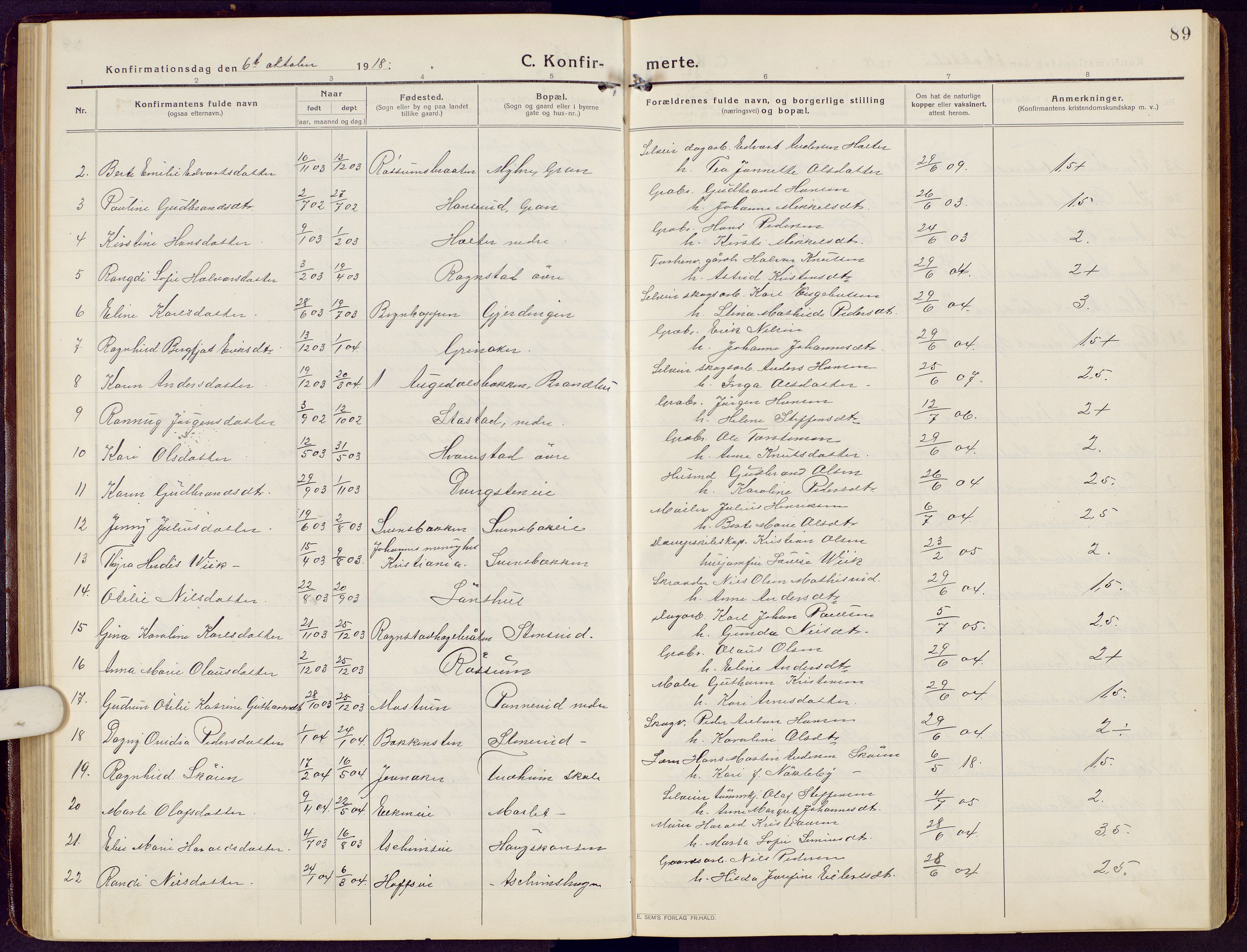 Brandbu prestekontor, SAH/PREST-114/H/Ha/Hab/L0010: Parish register (copy) no. 10, 1916-1930, p. 89