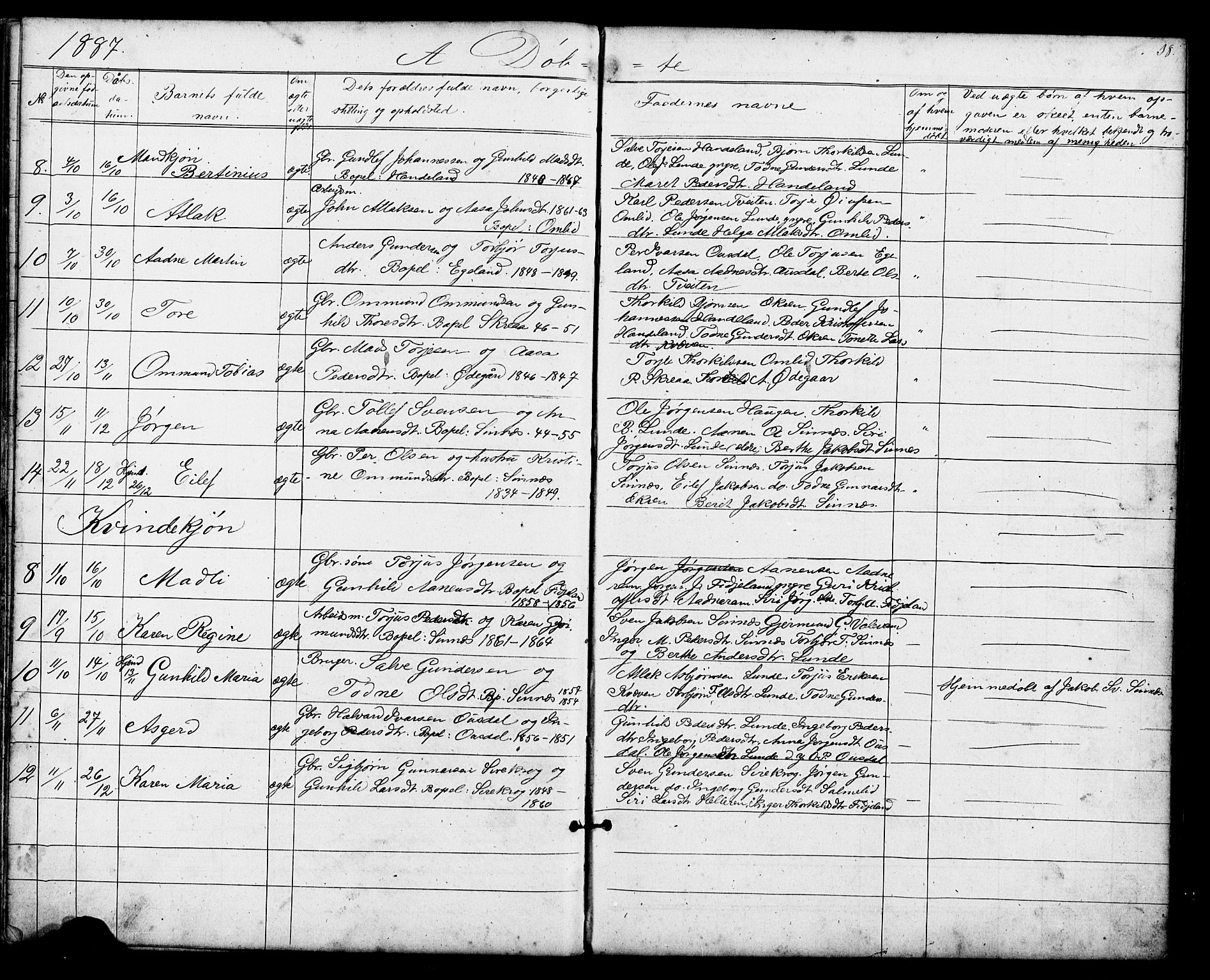 Sirdal sokneprestkontor, SAK/1111-0036/F/Fb/Fba/L0001: Parish register (copy) no. B 1, 1872-1905, p. 38