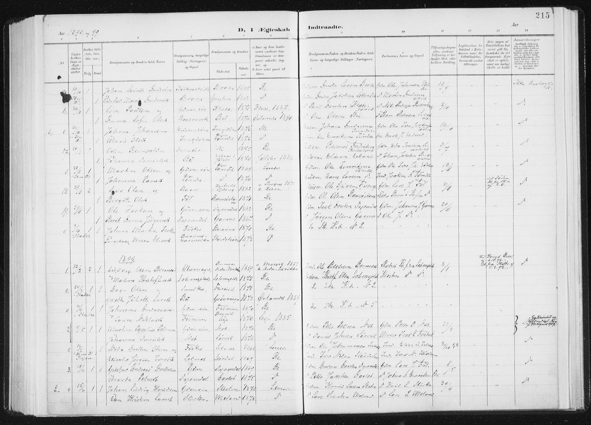 Ministerialprotokoller, klokkerbøker og fødselsregistre - Sør-Trøndelag, SAT/A-1456/647/L0635: Parish register (official) no. 647A02, 1896-1911, p. 215