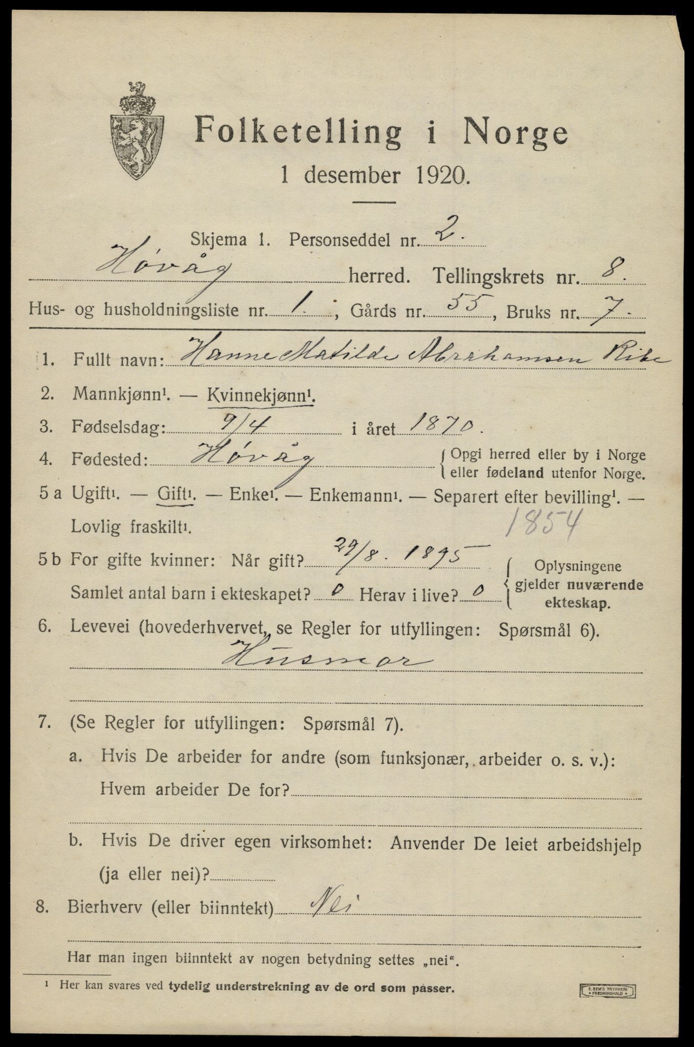 SAK, 1920 census for Høvåg, 1920, p. 4136