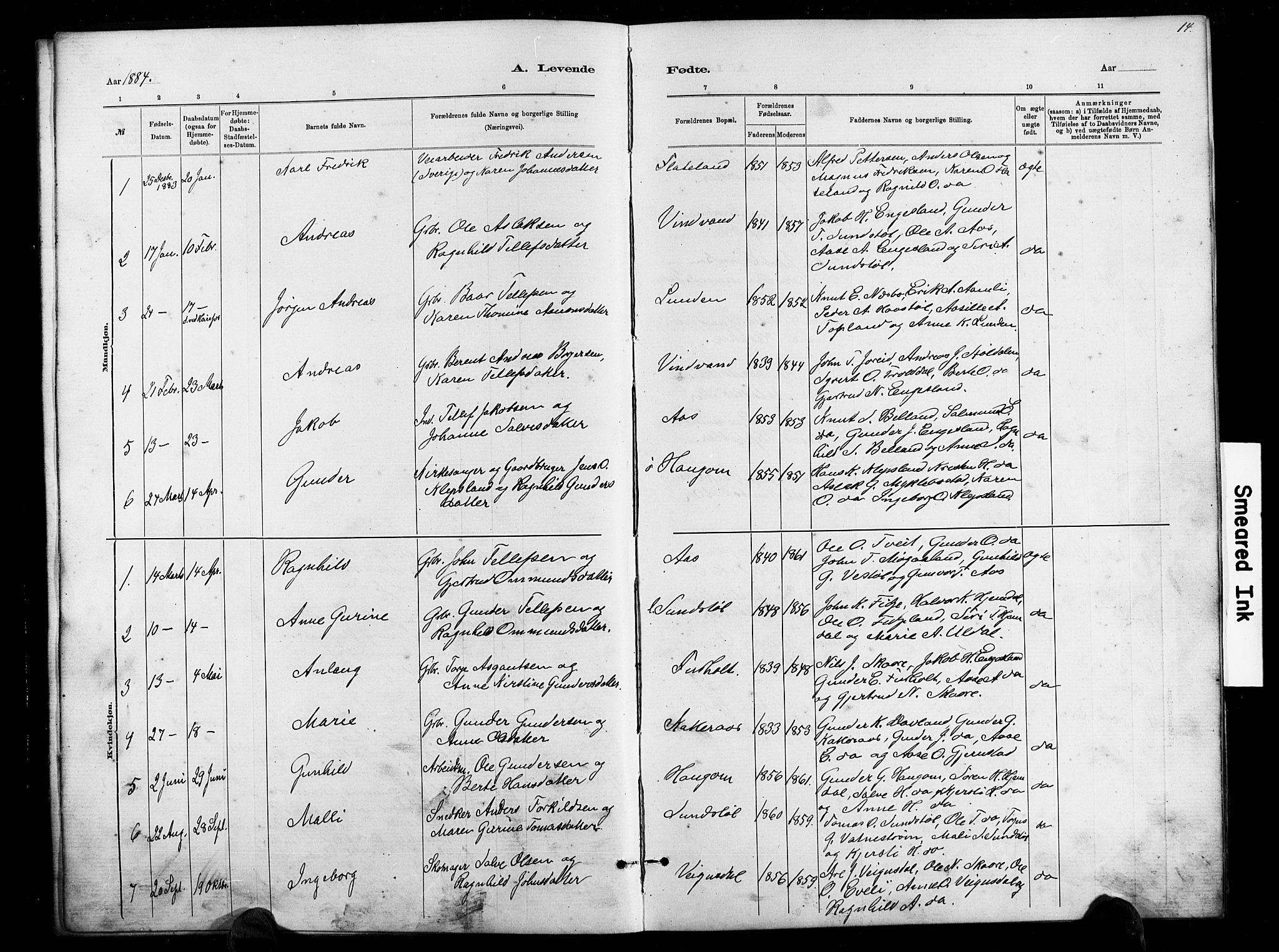 Herefoss sokneprestkontor, SAK/1111-0019/F/Fb/Fbb/L0002: Parish register (copy) no. B 2, 1879-1894, p. 14