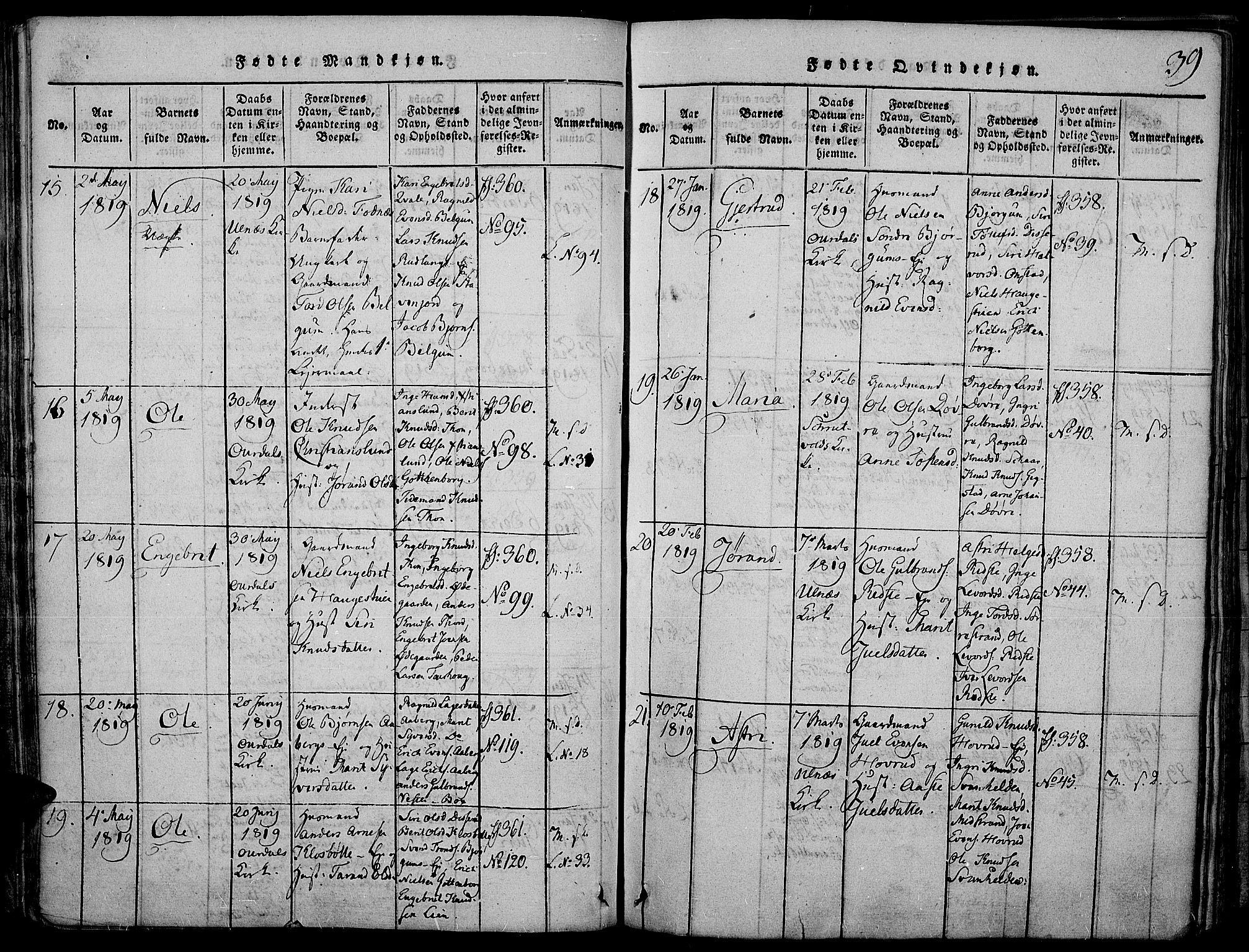 Nord-Aurdal prestekontor, SAH/PREST-132/H/Ha/Haa/L0002: Parish register (official) no. 2, 1816-1828, p. 39