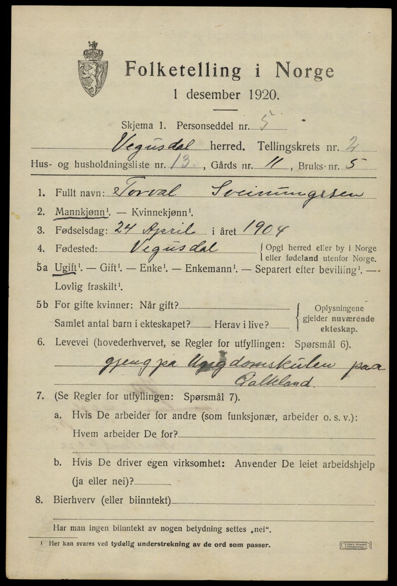 SAK, 1920 census for Vegusdal, 1920, p. 767