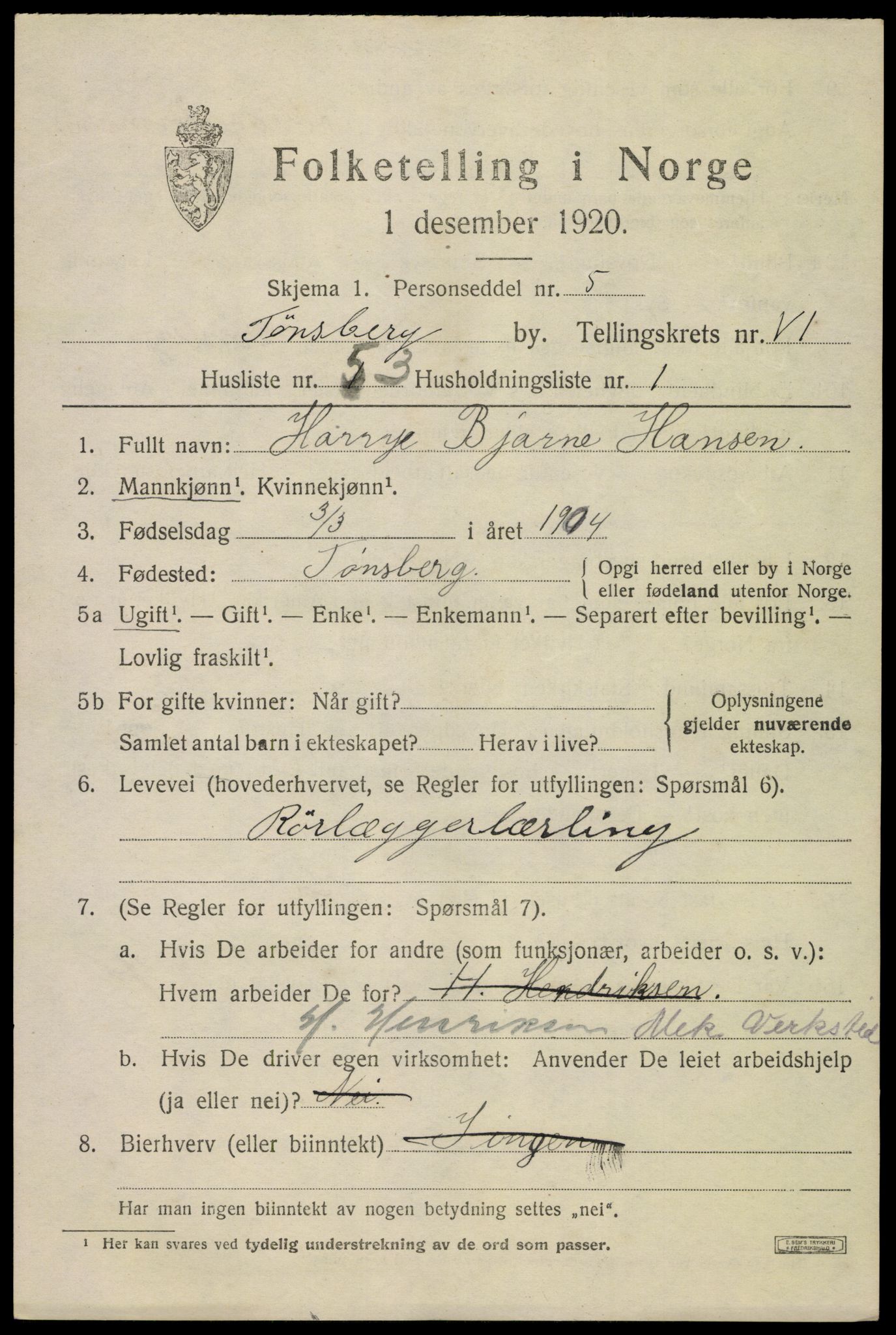 SAKO, 1920 census for Tønsberg, 1920, p. 15317