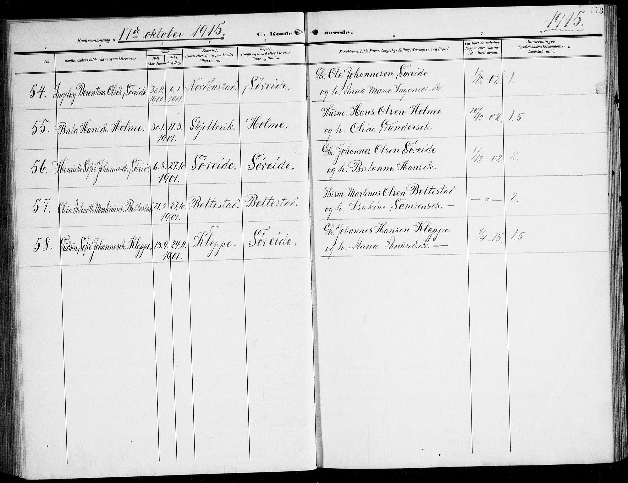 Tysnes sokneprestembete, AV/SAB-A-78601/H/Haa: Parish register (official) no. D 2, 1905-1922, p. 173
