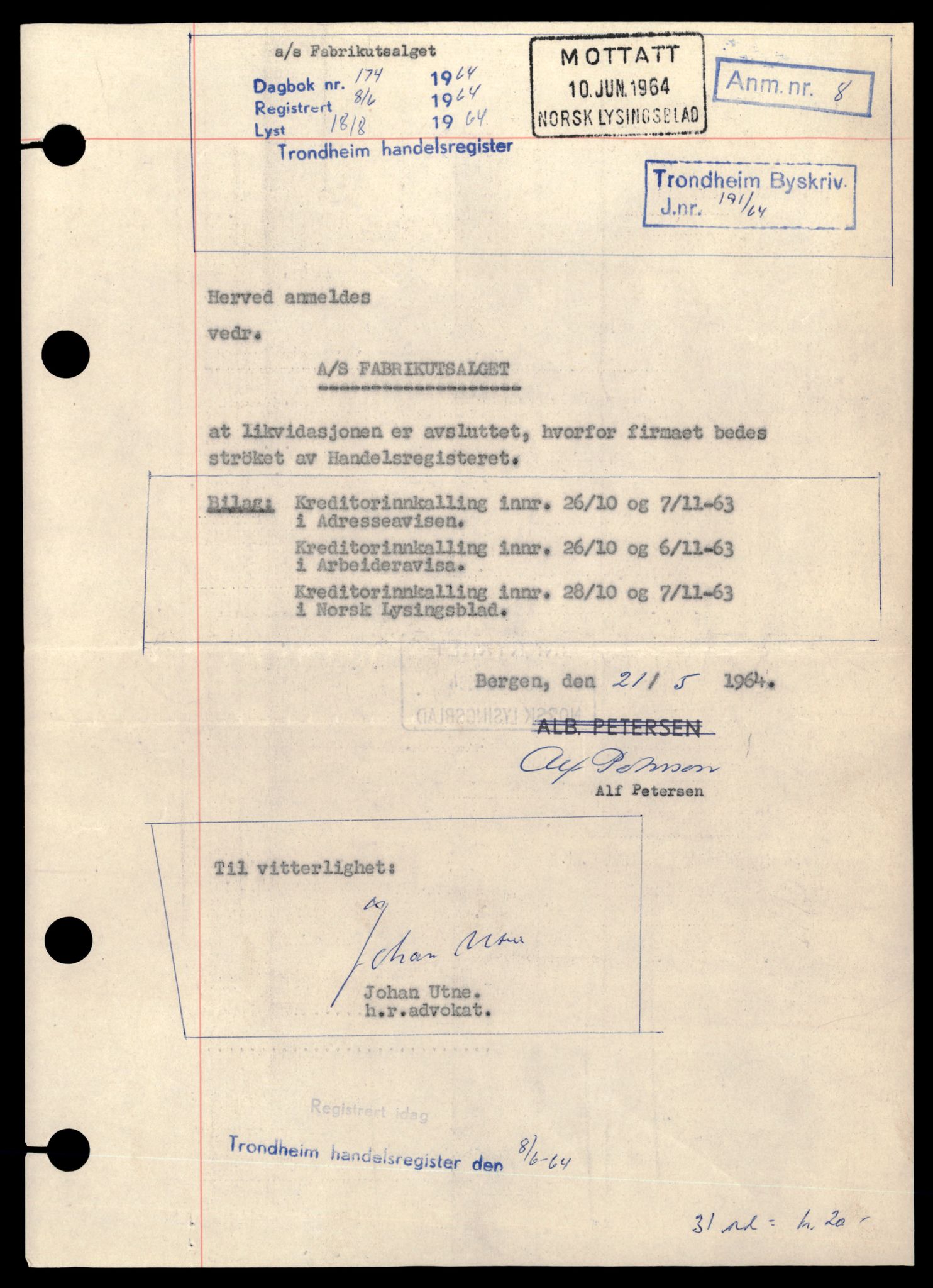 Trondheim byfogd, SAT/A-0003/2/J/Jd/Jdb/L0003: Aksjeselskap, F, 1960-1964, p. 1