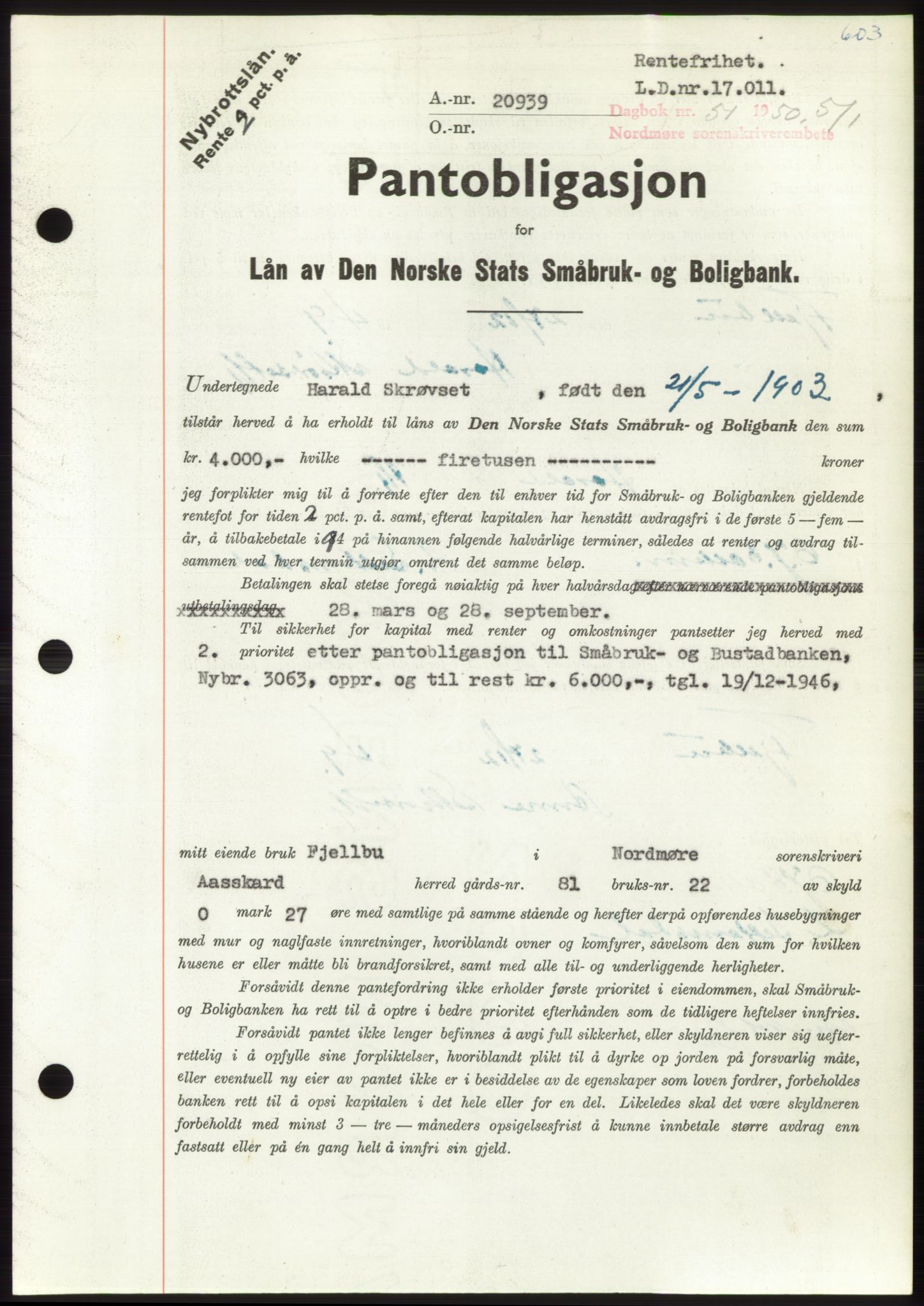 Nordmøre sorenskriveri, AV/SAT-A-4132/1/2/2Ca: Mortgage book no. B103, 1949-1950, Diary no: : 51/1950