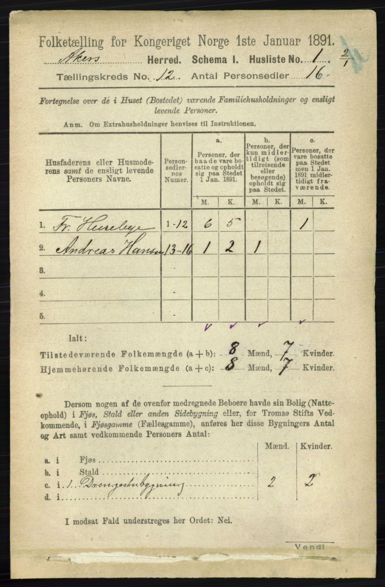 RA, 1891 census for 0218 Aker, 1891, p. 11335