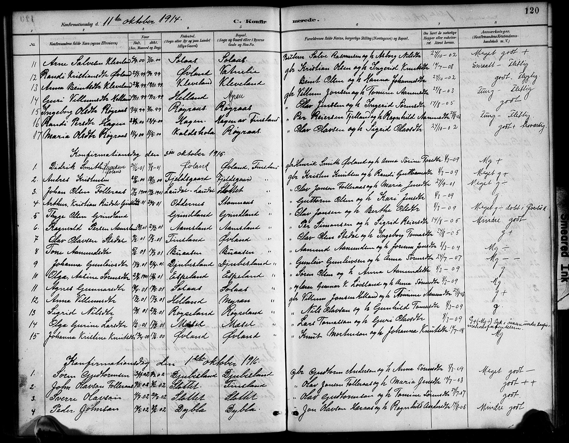 Bjelland sokneprestkontor, SAK/1111-0005/F/Fb/Fbb/L0005: Parish register (copy) no. B 5, 1887-1918, p. 120