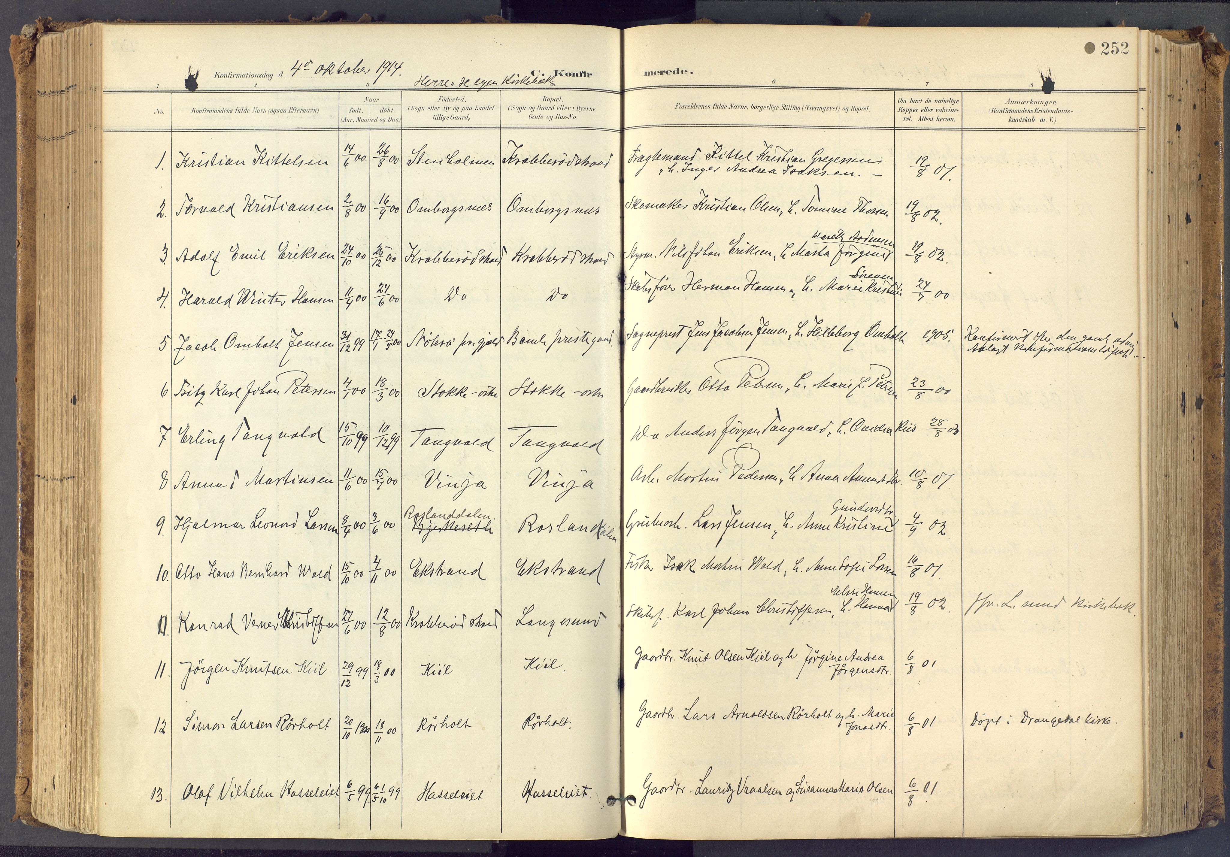 Bamble kirkebøker, AV/SAKO-A-253/F/Fa/L0009: Parish register (official) no. I 9, 1901-1917, p. 252