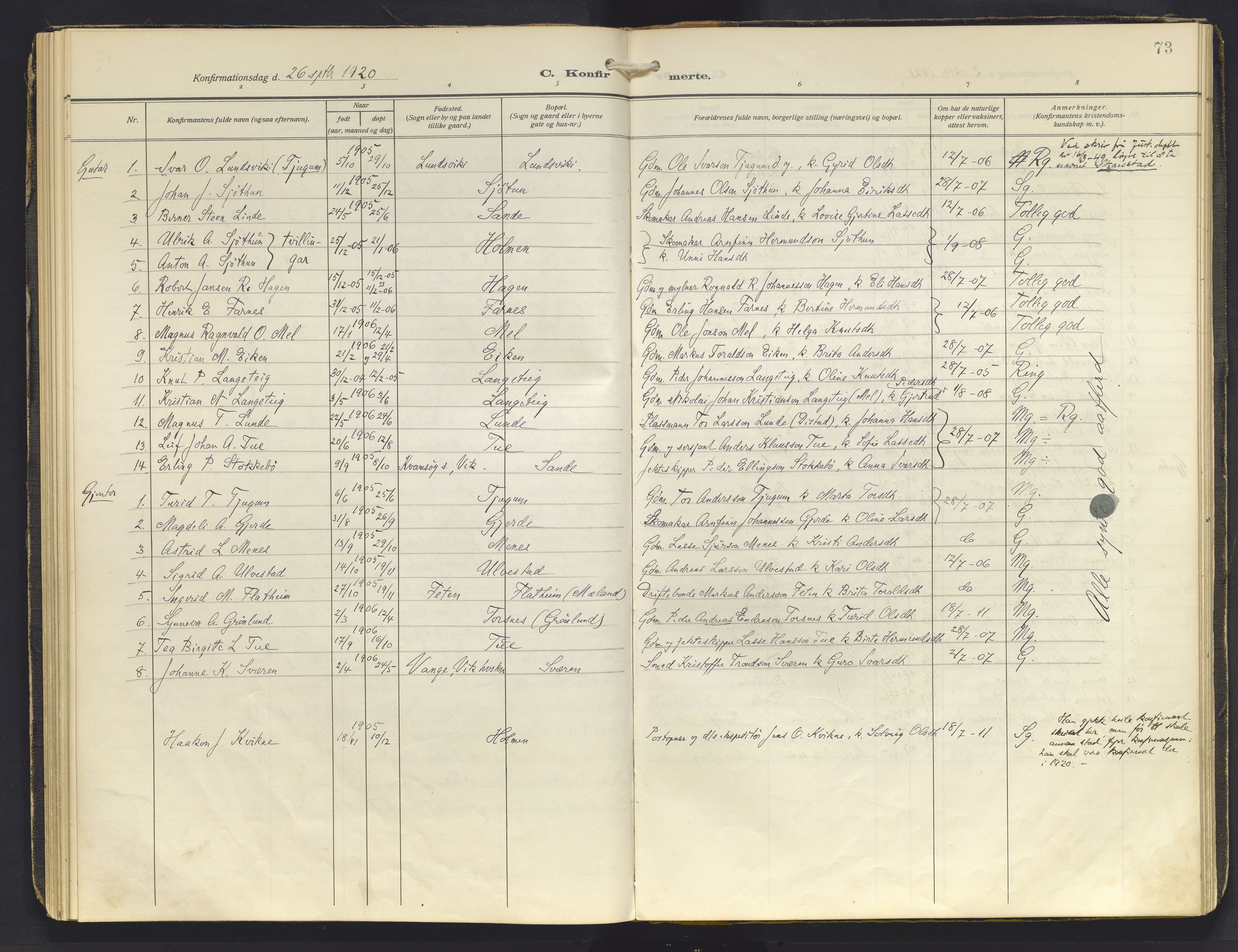 Balestrand sokneprestembete, AV/SAB-A-79601/H/Haa/Haab/L0002: Parish register (official) no. B 2, 1911-1932, p. 73