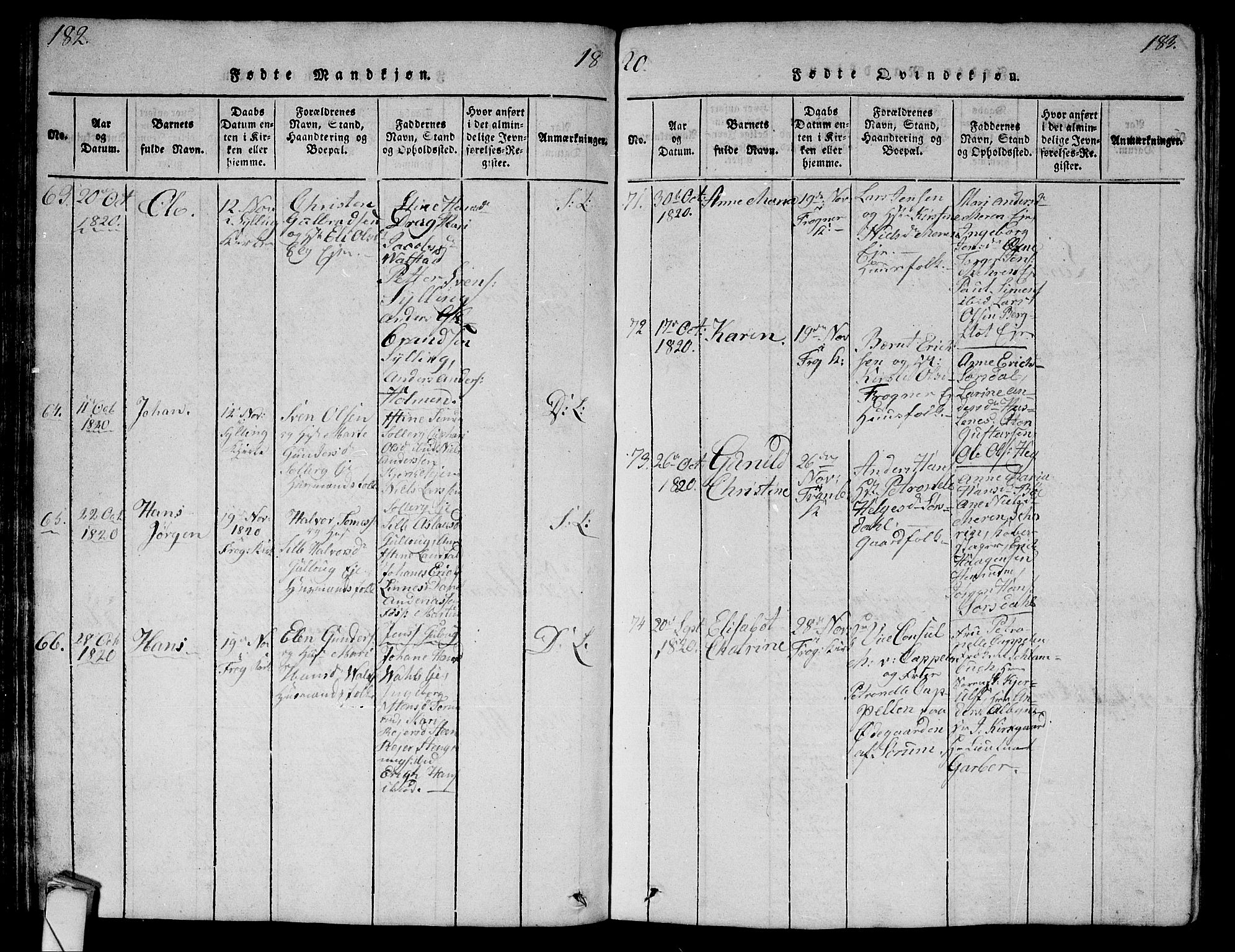 Lier kirkebøker, AV/SAKO-A-230/G/Ga/L0001: Parish register (copy) no. I 1, 1813-1824, p. 182-183