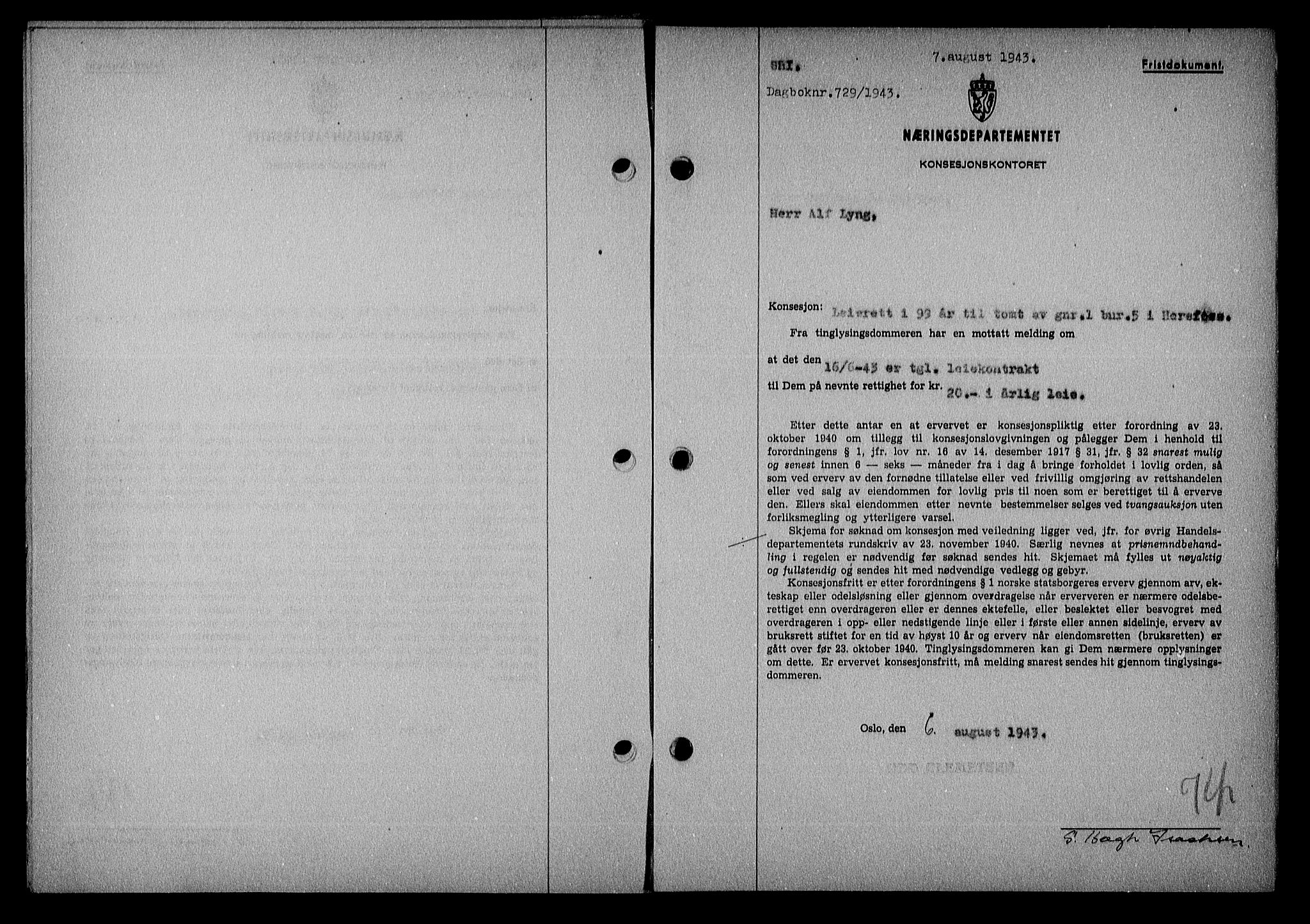 Nedenes sorenskriveri, SAK/1221-0006/G/Gb/Gba/L0051: Mortgage book no. A-V, 1943-1944, Diary no: : 729/1943