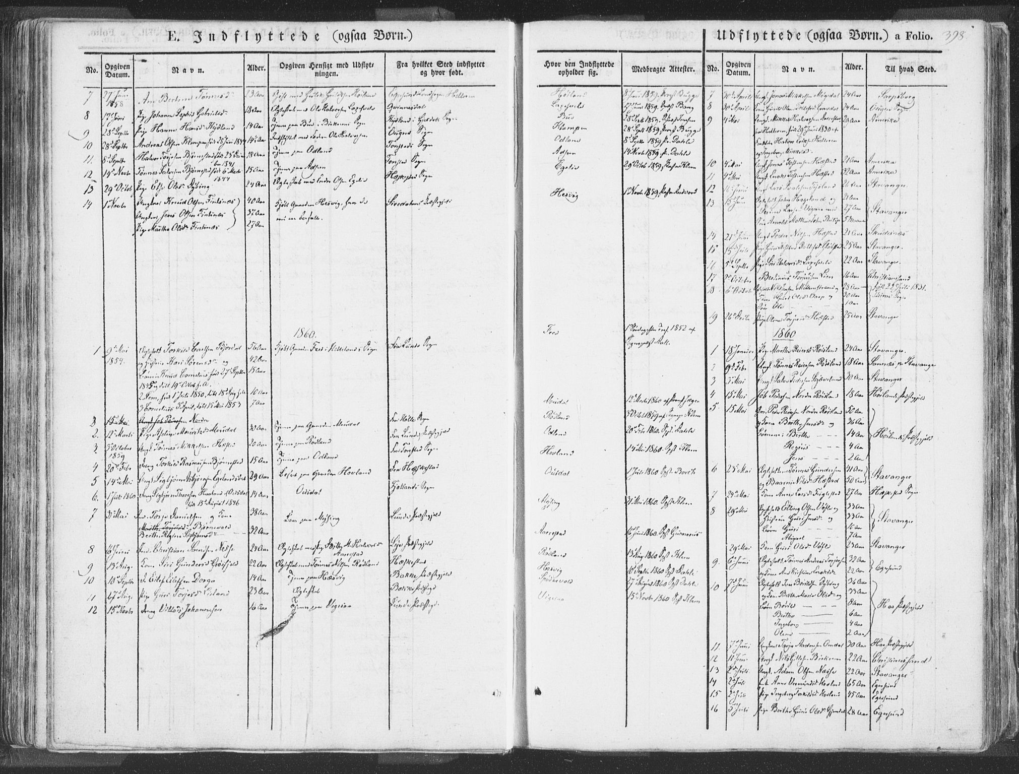 Helleland sokneprestkontor, SAST/A-101810: Parish register (official) no. A 6.2, 1834-1863, p. 398