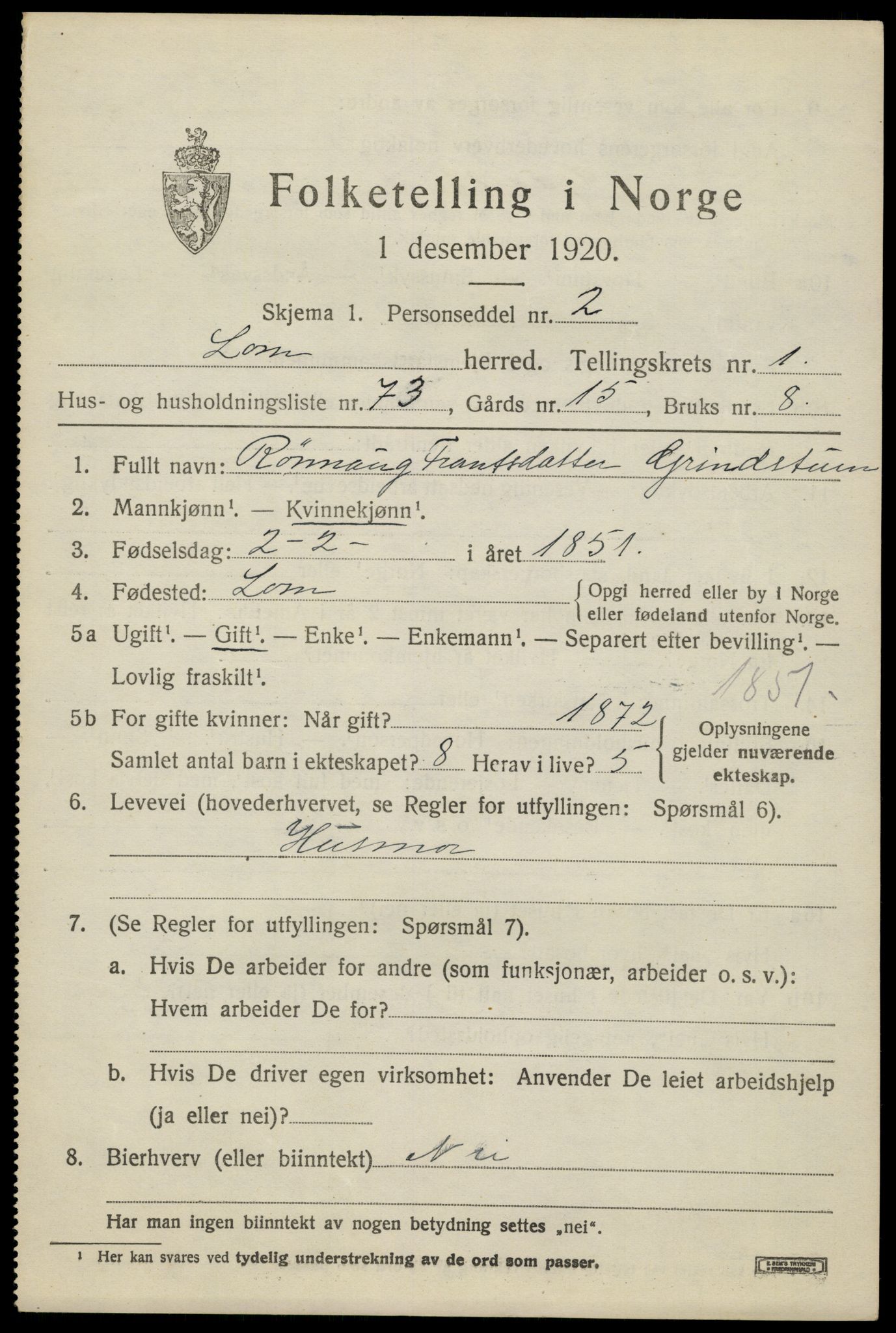 SAH, 1920 census for Lom, 1920, p. 1768