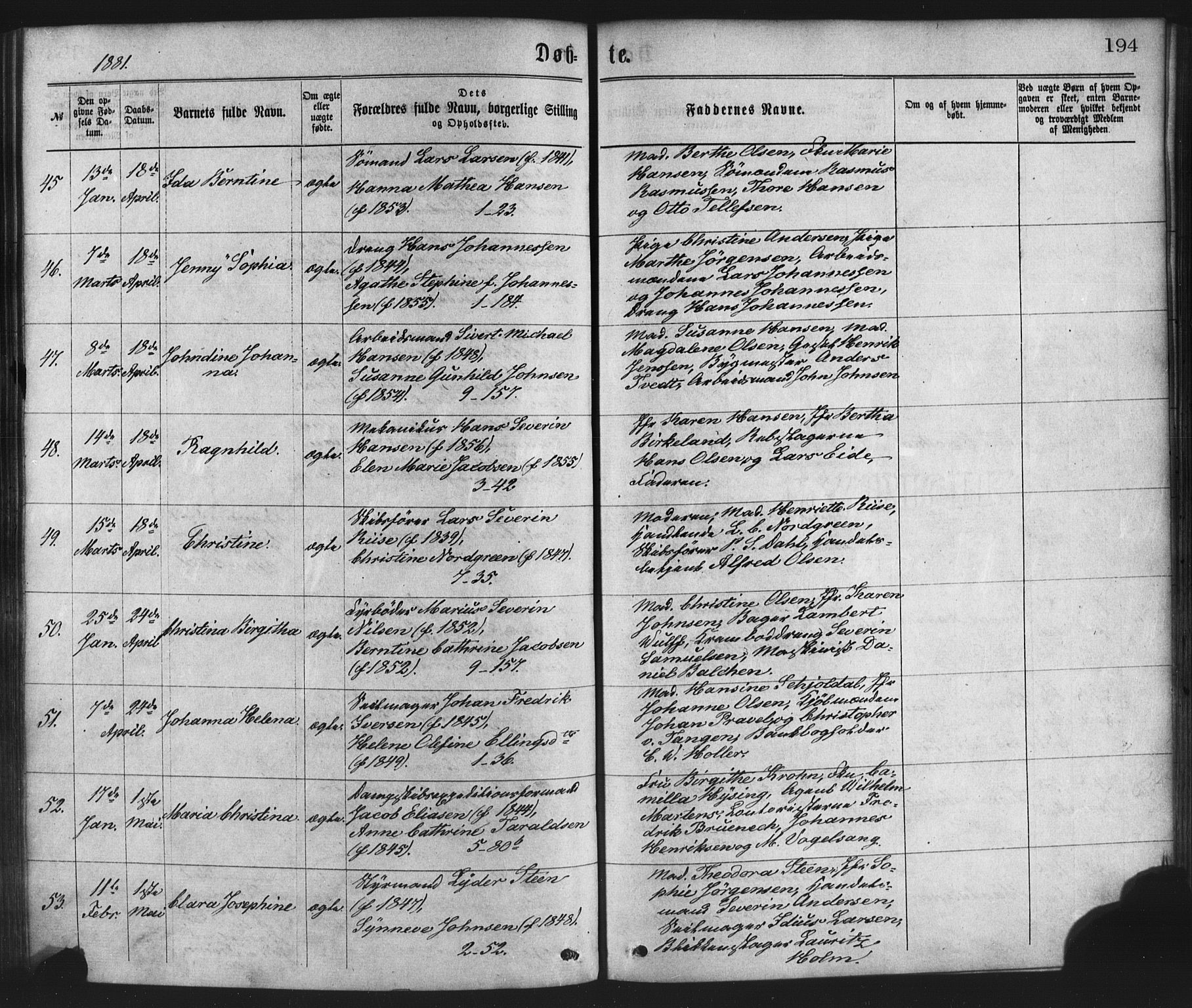 Nykirken Sokneprestembete, SAB/A-77101/H/Haa/L0017: Parish register (official) no. B 4, 1870-1884, p. 194
