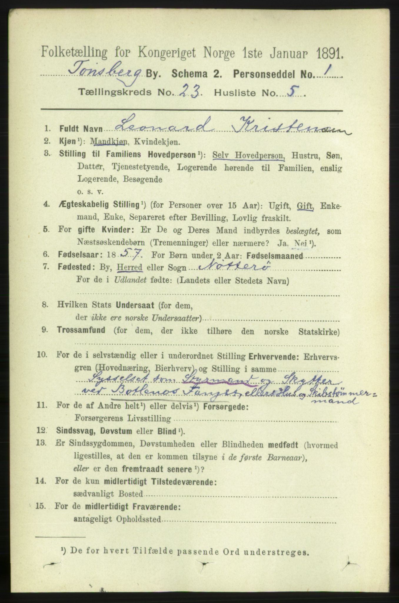 RA, 1891 census for 0705 Tønsberg, 1891, p. 6116