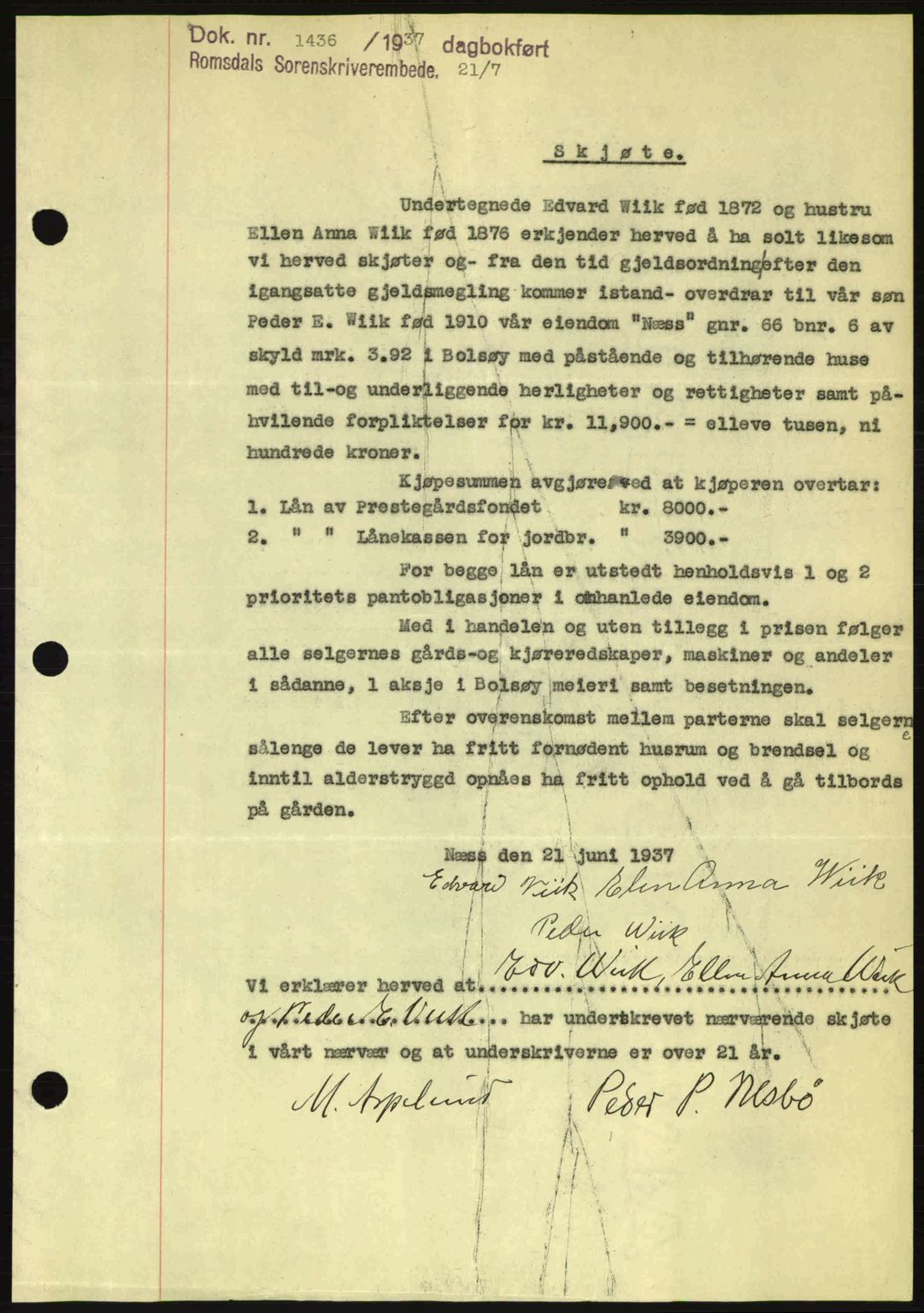 Romsdal sorenskriveri, SAT/A-4149/1/2/2C: Mortgage book no. A3, 1937-1937, Diary no: : 1436/1937