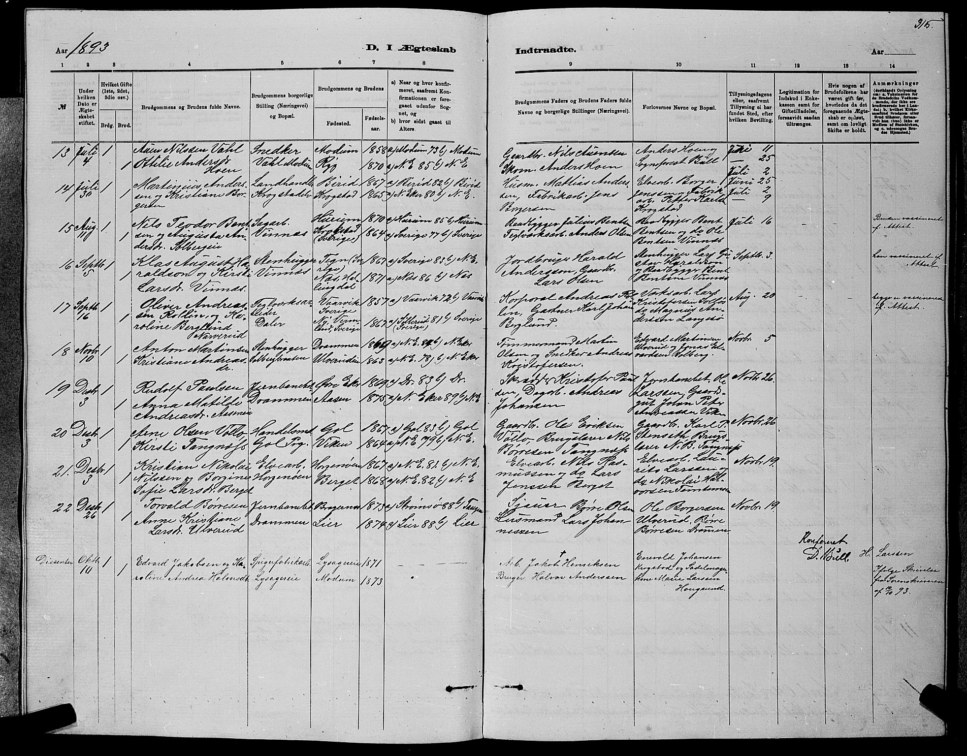 Nedre Eiker kirkebøker, AV/SAKO-A-612/G/Ga/L0002: Parish register (copy) no. 2, 1880-1896, p. 315