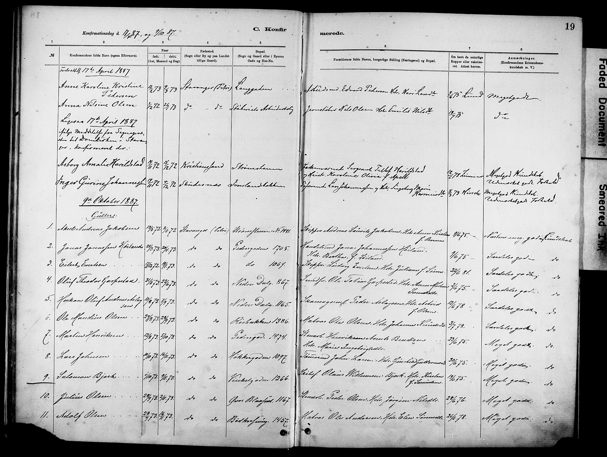 St. Johannes sokneprestkontor, SAST/A-101814/001/30/30BA/L0002: Parish register (official) no. A 2, 1885-1899, p. 19