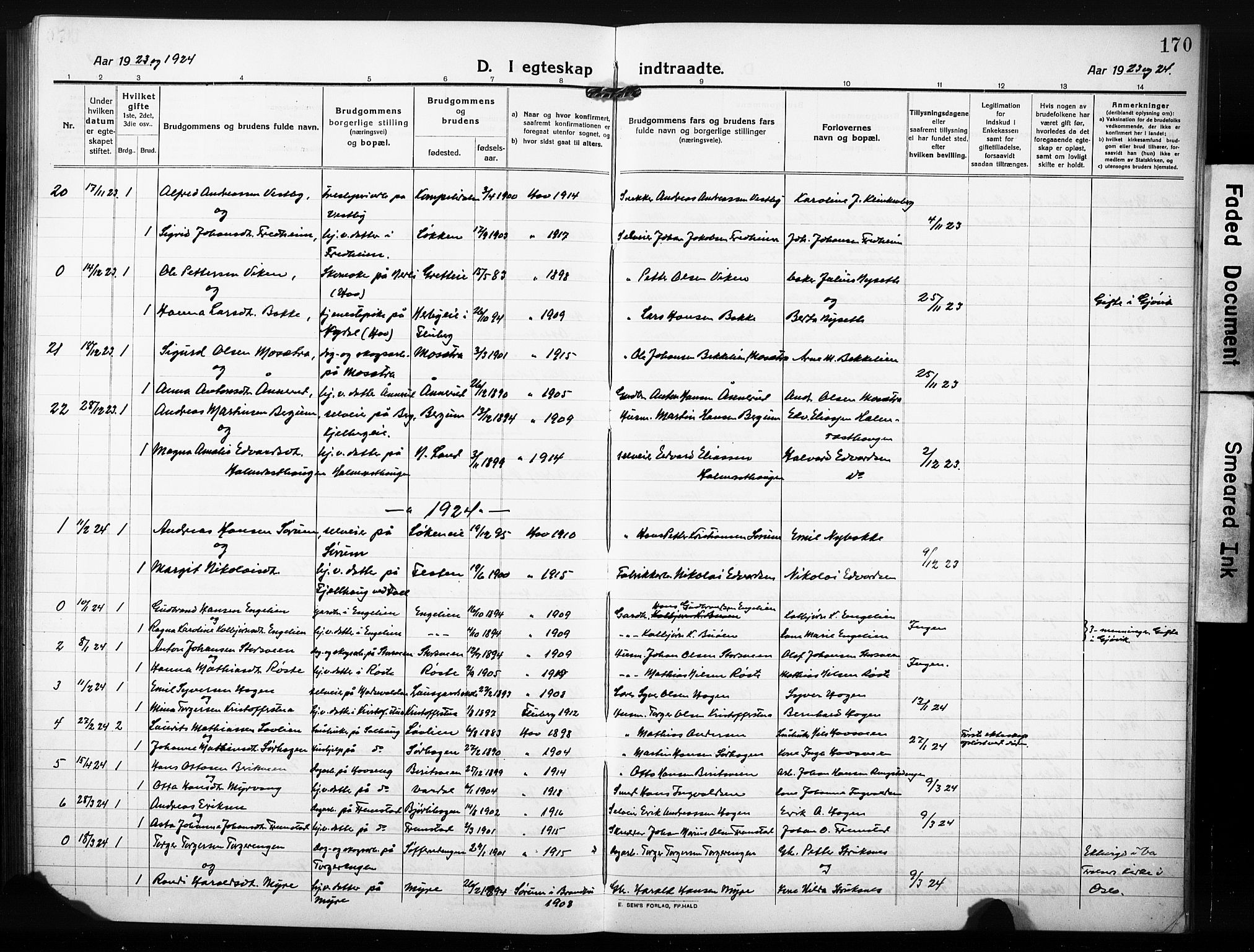 Søndre Land prestekontor, AV/SAH-PREST-122/L/L0007: Parish register (copy) no. 7, 1915-1932, p. 170